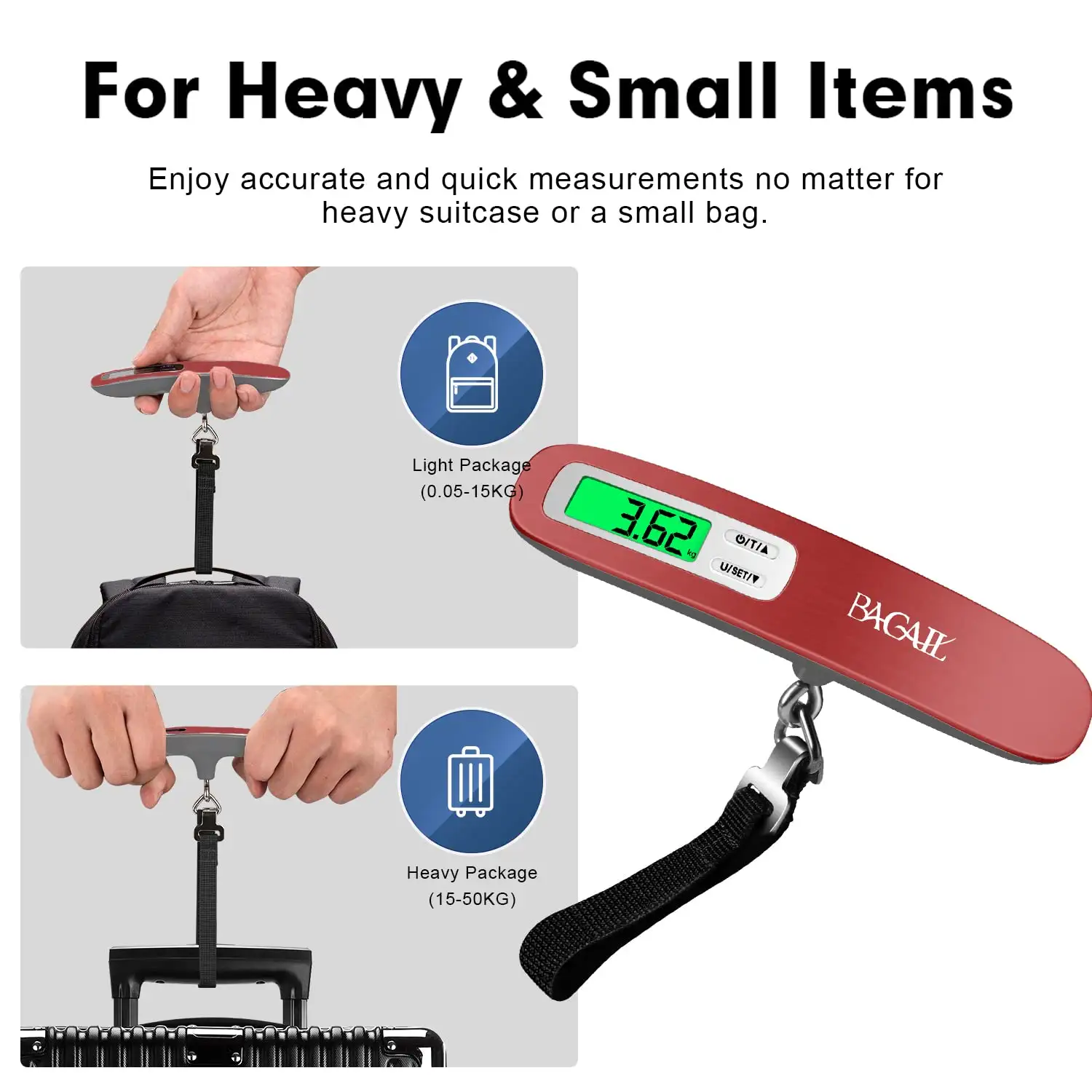 110lbs luggage scale with backlit LCD display, portable design, reliable suitcase weighing tool for travelers.