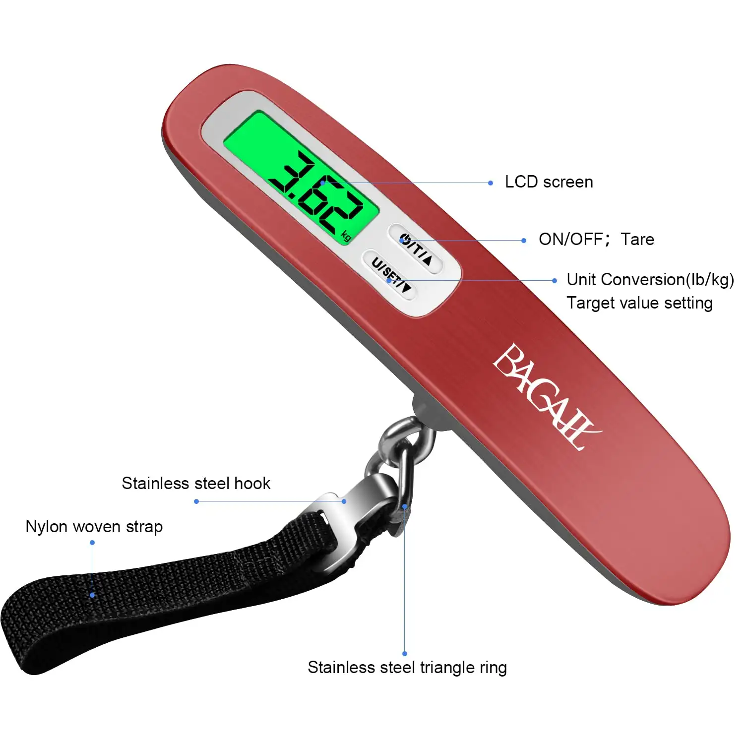 Luggage scale with 110lbs capacity, backlit LCD display, portable design, and strong hook for easy travel weight measurement.