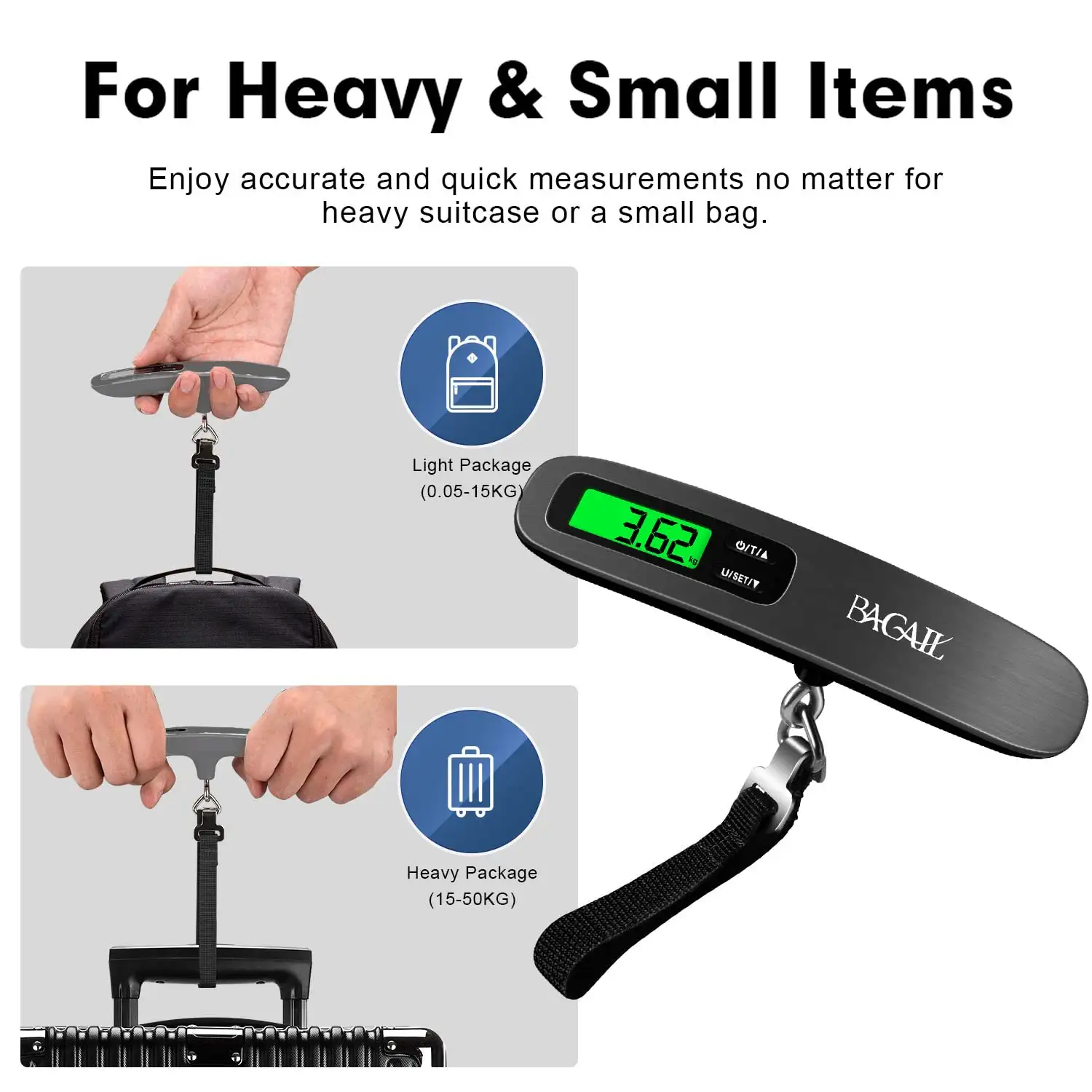 110lbs luggage scale with backlit LCD display, portable design, and strong hook for easy travel weight measurement.