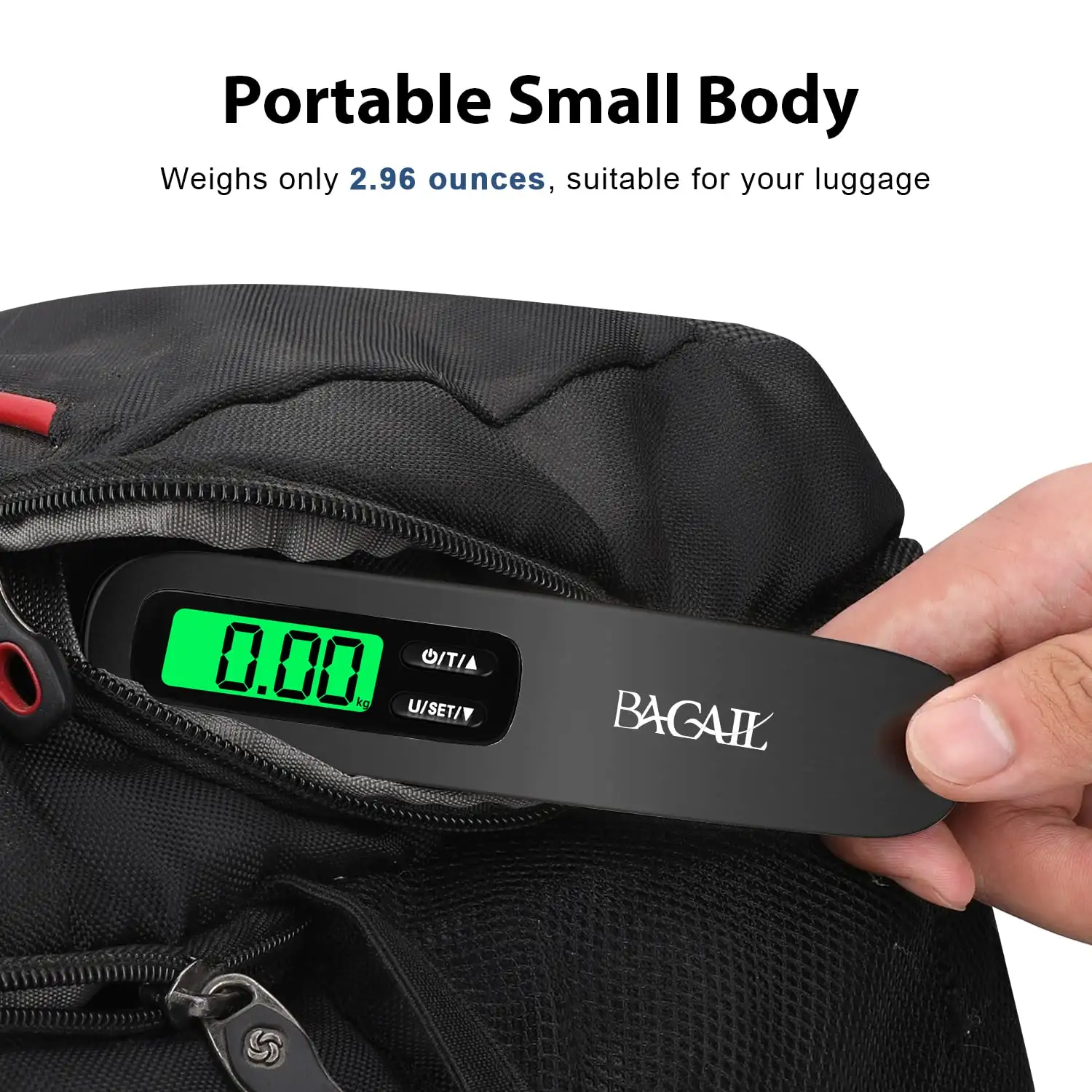 Luggage scale with backlit LCD display, weighs up to 110lbs, portable hanging design for easy travel suitcase measurement.