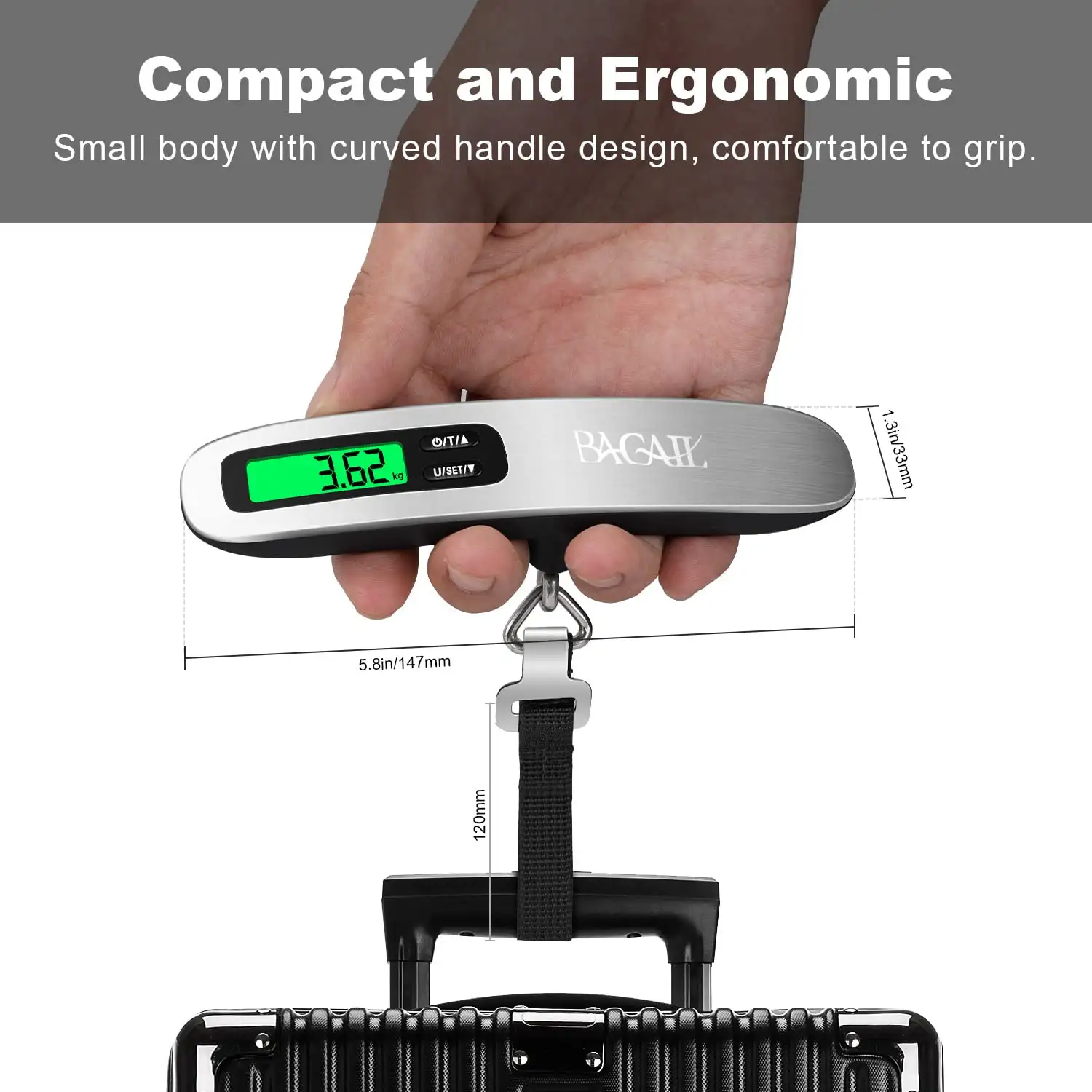 110lbs luggage scale with backlit LCD display, portable design, and strong hooks for accurate suitcase weighing.
