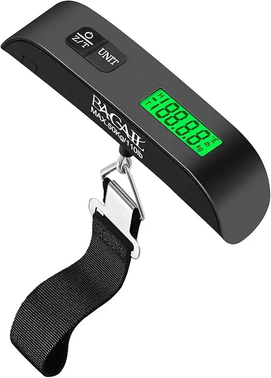 110lbs luggage scale with backlit LCD display for easy weight measurement of bags and suitcases. Perfect for travel.
