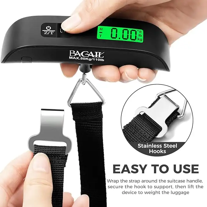 110lbs luggage scale with backlit LCD display for accurate baggage weight measurement, perfect for travel.