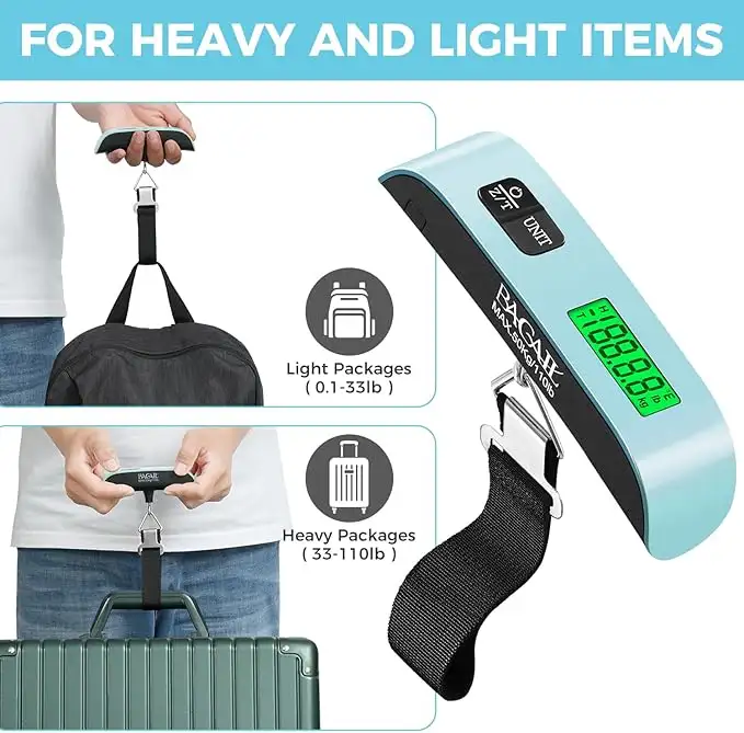 Hanging luggage scale with 110lbs capacity and backlit LCD display for easy weight measurement on the go.