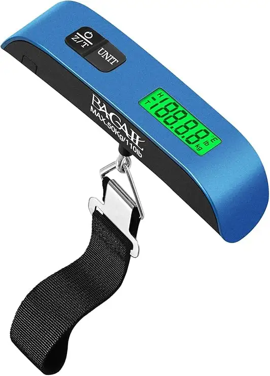 Digital luggage scale with backlit LCD, weighs up to 110lbs for accurate baggage measurement while traveling.