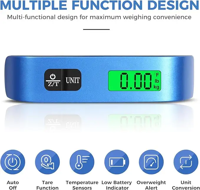 Hanging luggage scale with 110lbs capacity and backlit LCD display for easy weight measurement while traveling.
