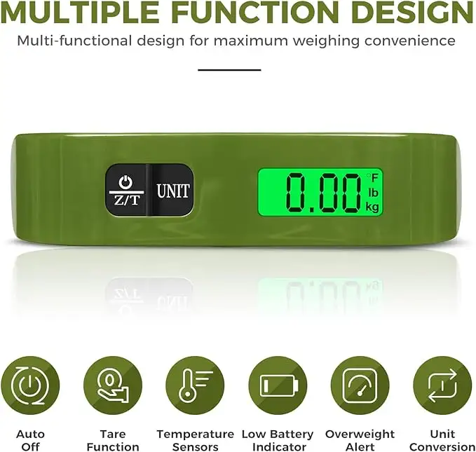 Hanging luggage scale with 110lbs capacity, backlit LCD display for easy weight reading while traveling.