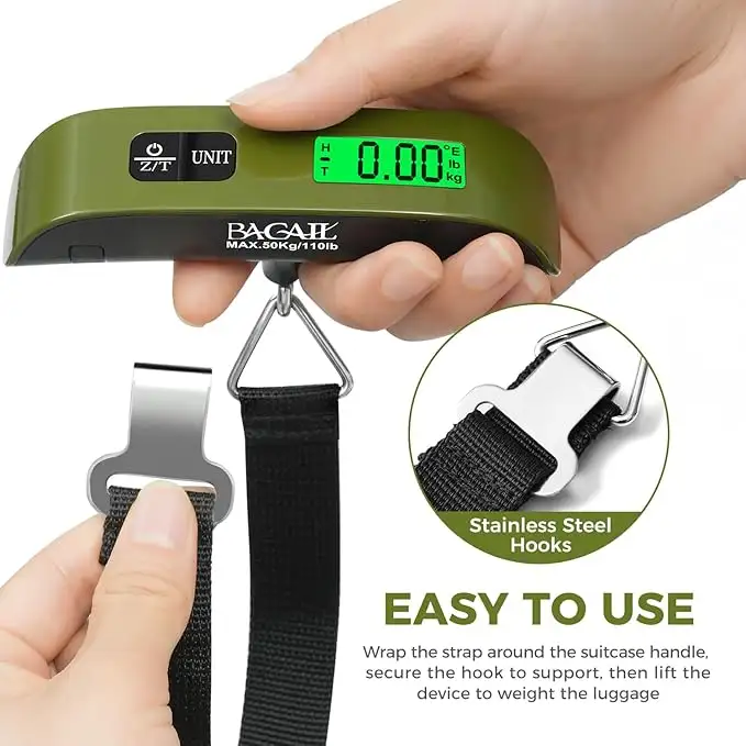 Hanging luggage scale, 110lbs capacity, with backlit LCD display for easy weight measurement of baggage and travel bags.