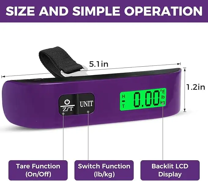 110lbs luggage scale with backlit LCD display for accurate baggage weight measurement, ideal for travel.