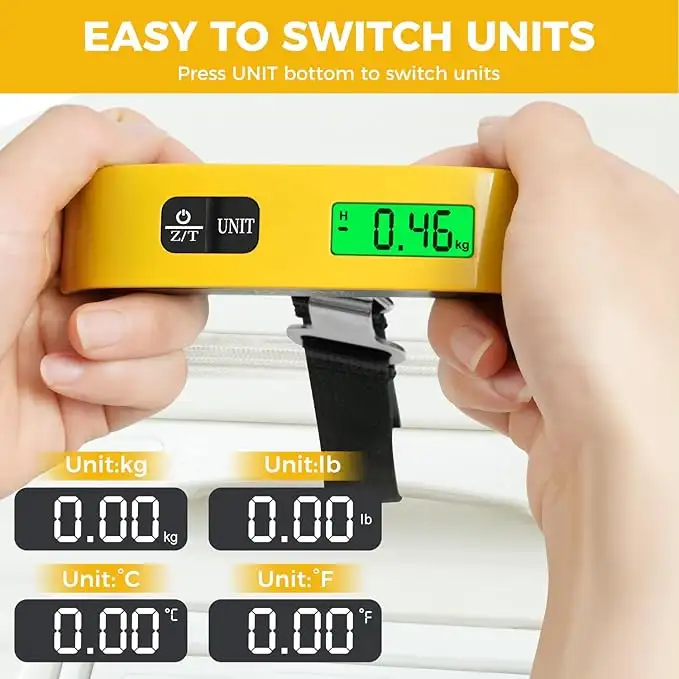 110lbs luggage scale with backlit LCD display for easy weight measurement of bags and suitcases. Ideal for travelers.