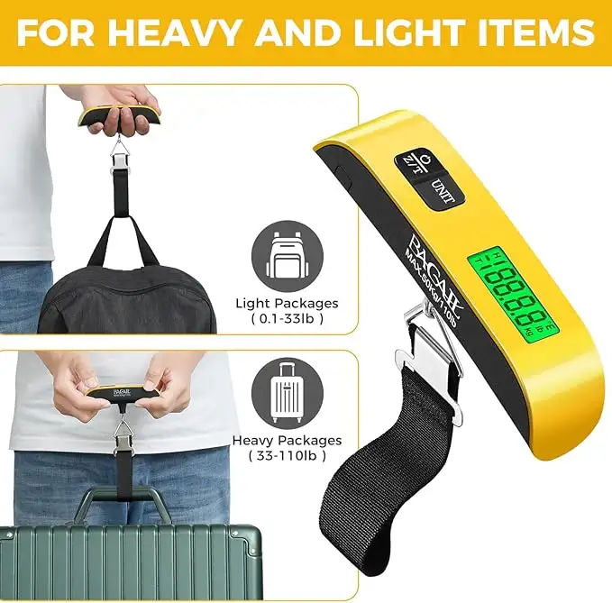 Luggage scale for bags up to 110lbs, features backlit LCD display for easy weight reading, ideal for travelers.