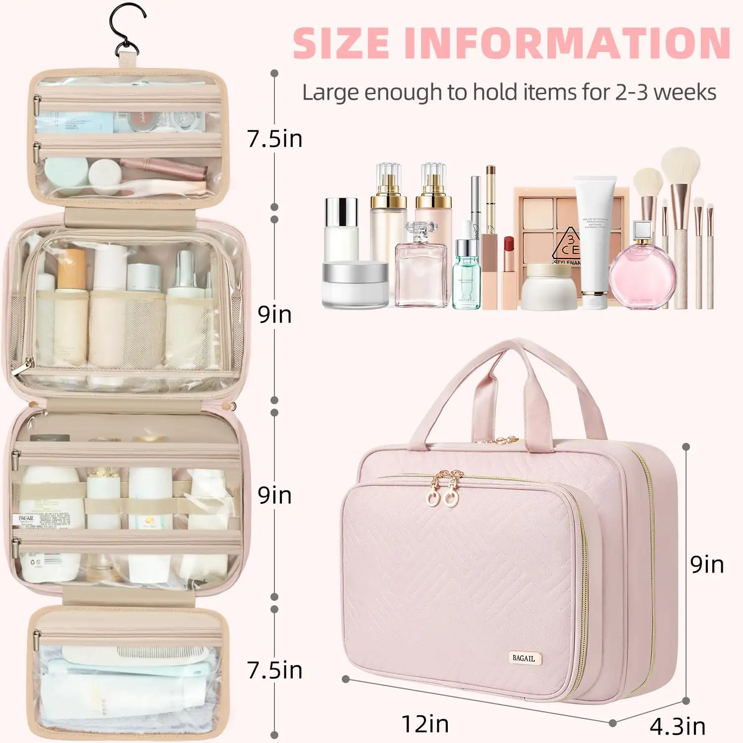 BAGAIL water-resistant hanging toiletry bag for women, large capacity makeup organizer in black for travel essentials.