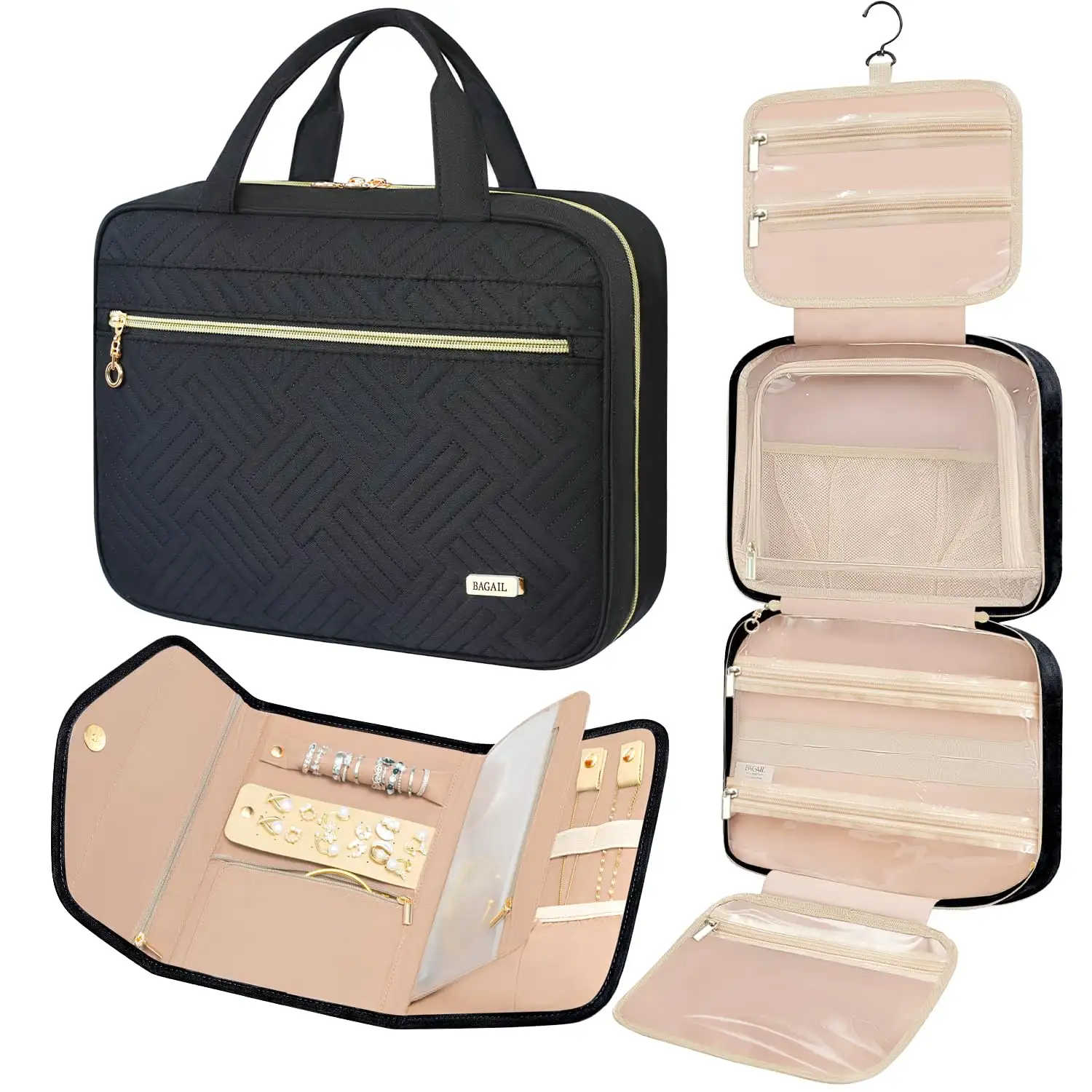 BAGAIL black hanging toiletry bag for women, water-resistant, large capacity, perfect for travel makeup and essentials.
