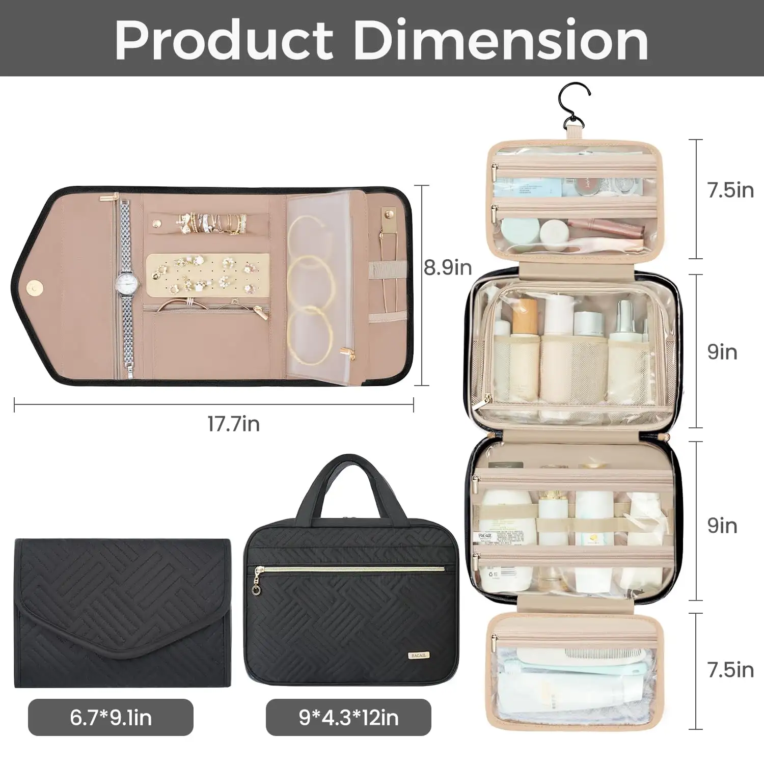 Black BAGAIL hanging toiletry bag, water-resistant, large capacity for travel makeup and essentials, includes jewelry comp...