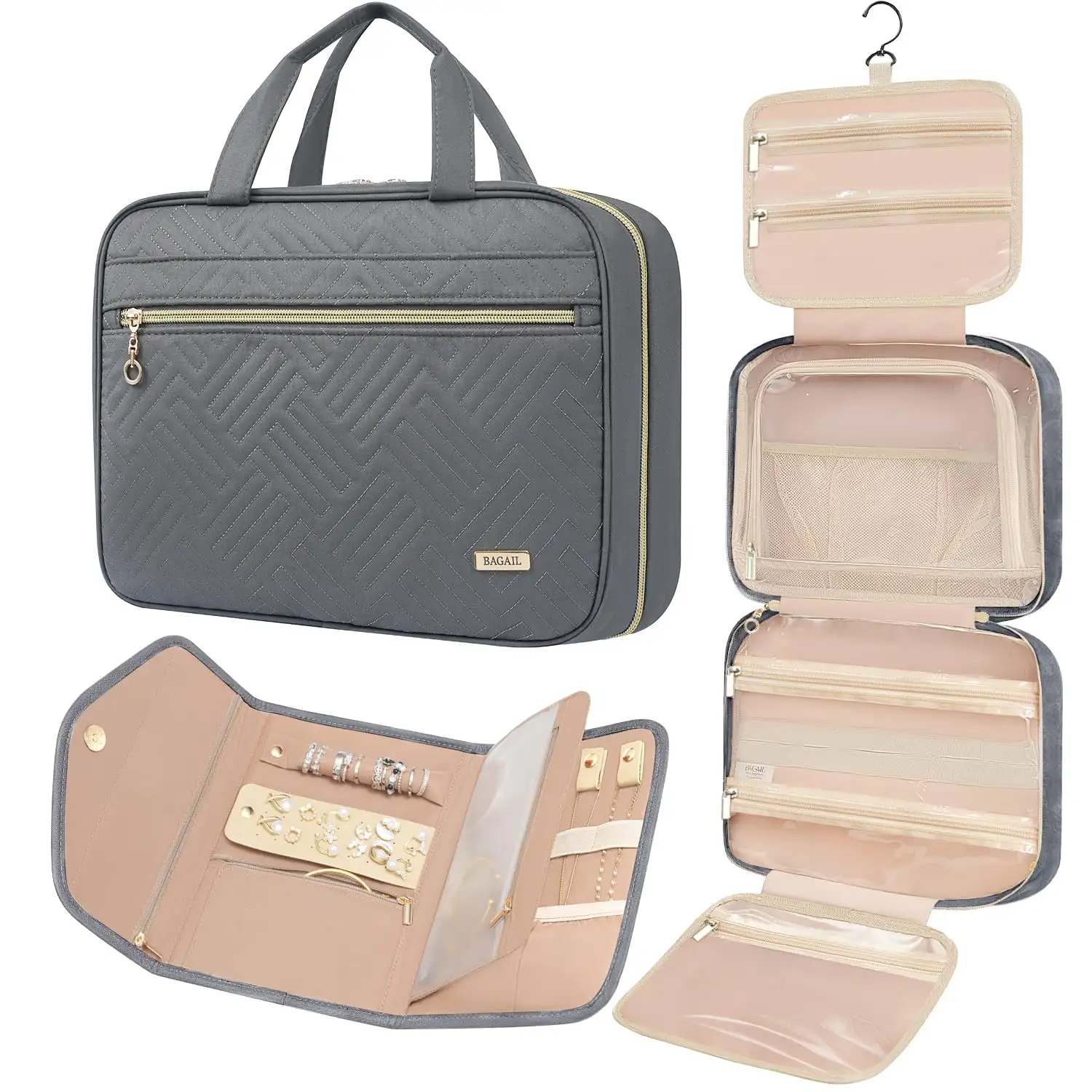 Black BAGAIL hanging toiletry bag for women, water-resistant, large capacity, perfect for travel cosmetics and essentials.