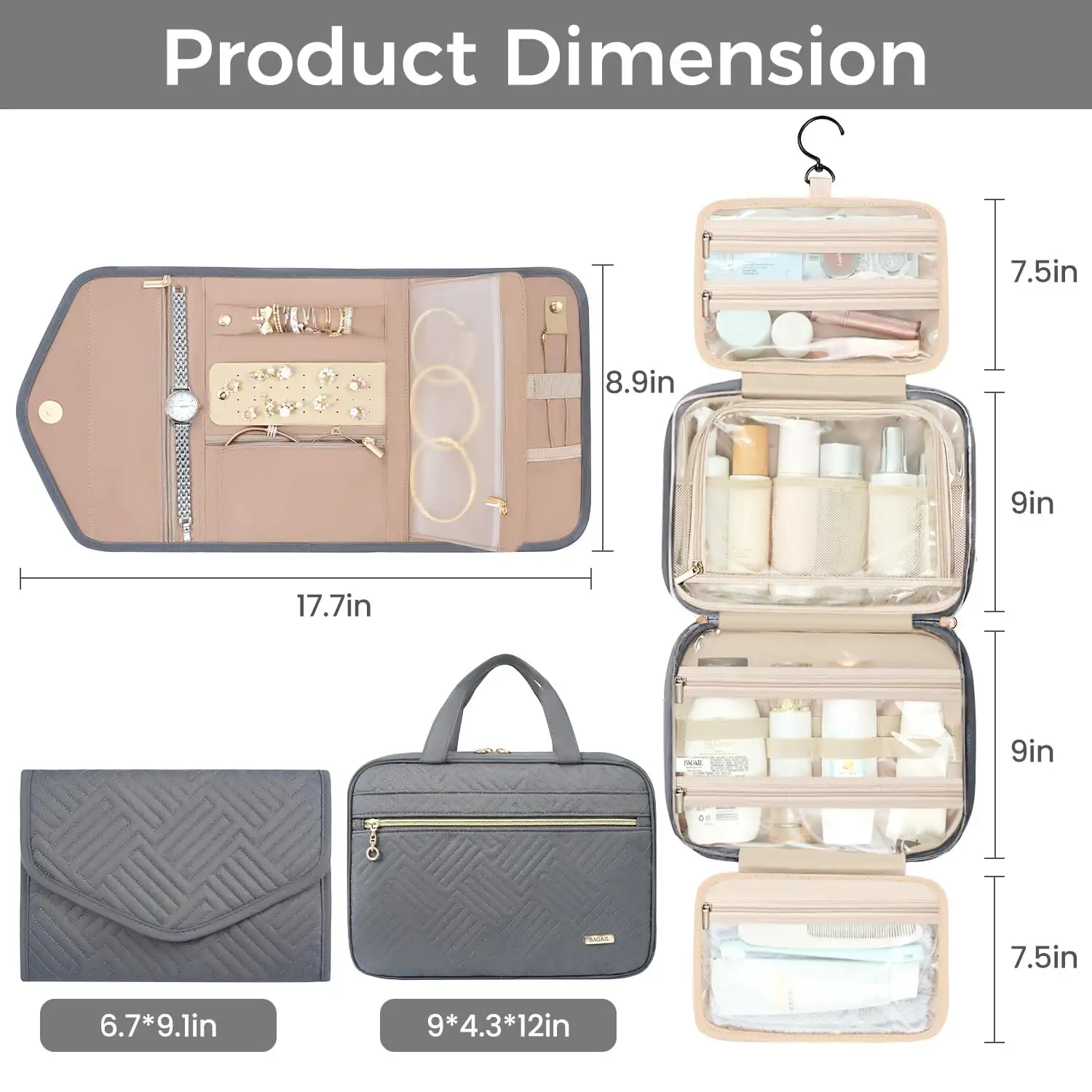 BAGAIL black hanging toiletry bag, water-resistant, large capacity, perfect for travel makeup and essentials organization.