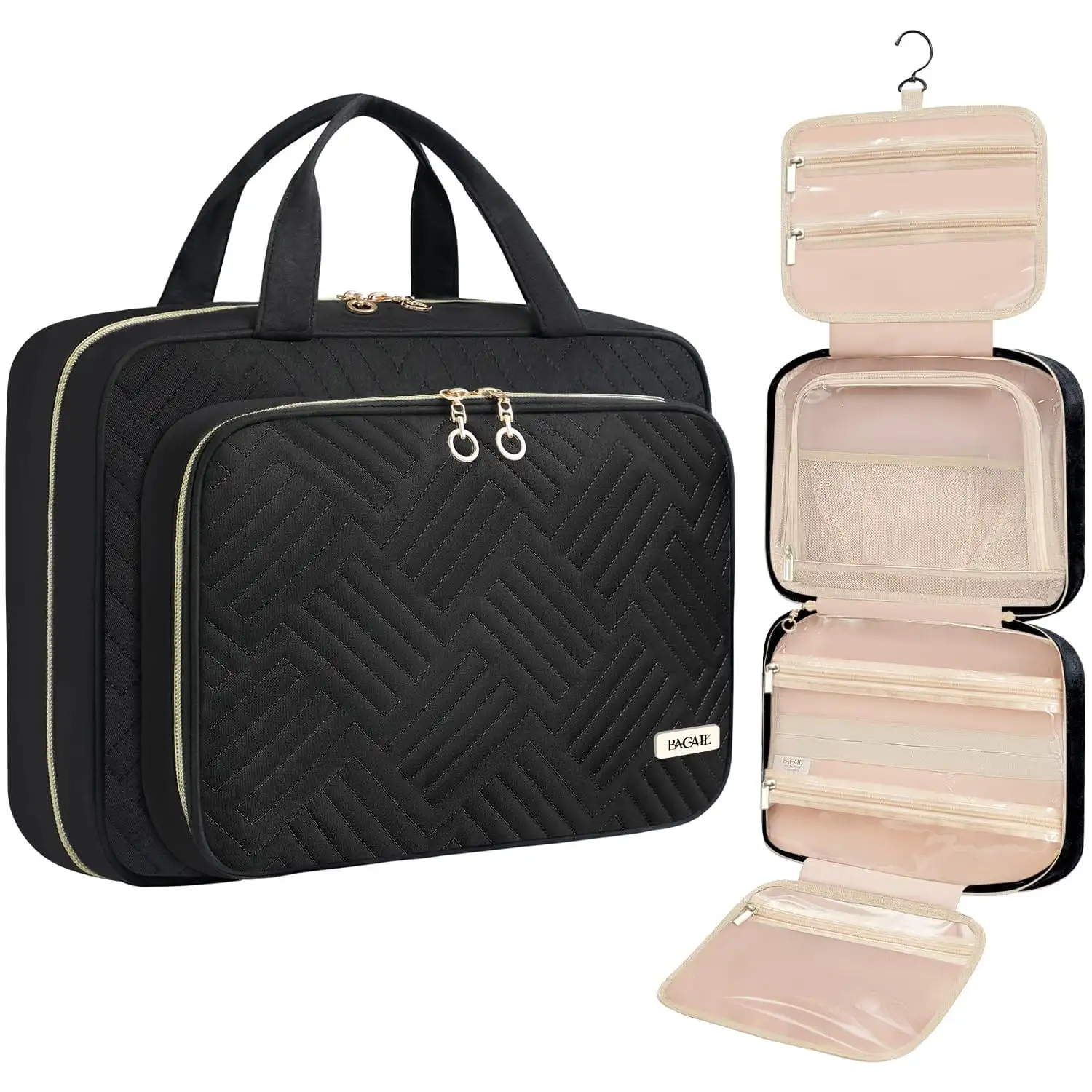 Water-resistant BAGAIL hanging toiletry bag in black, featuring large capacity for travel makeup and essentials.