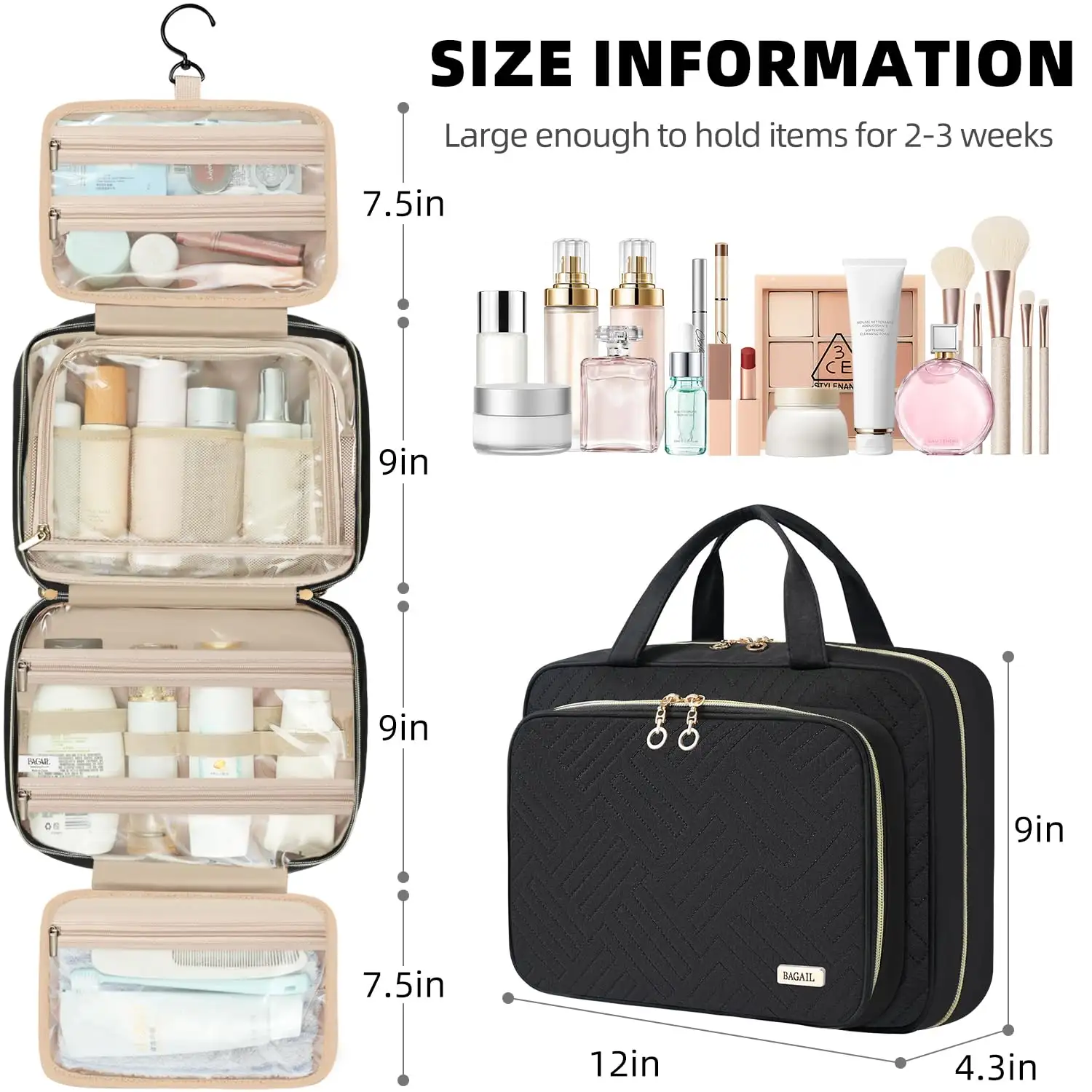 Water-resistant BAGAIL hanging toiletry bag for women, large capacity travel organizer for cosmetics and essentials, black.