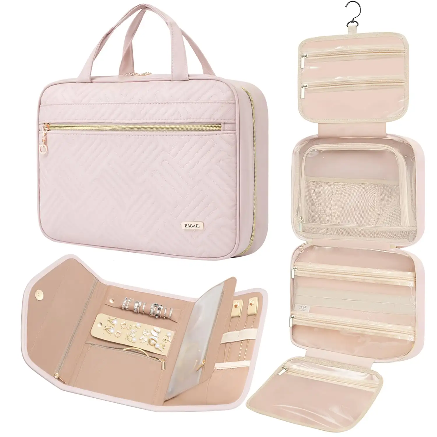 BAGAIL black hanging toiletry bag, water-resistant, large capacity for travel cosmetics and essentials, includes jewelry p...