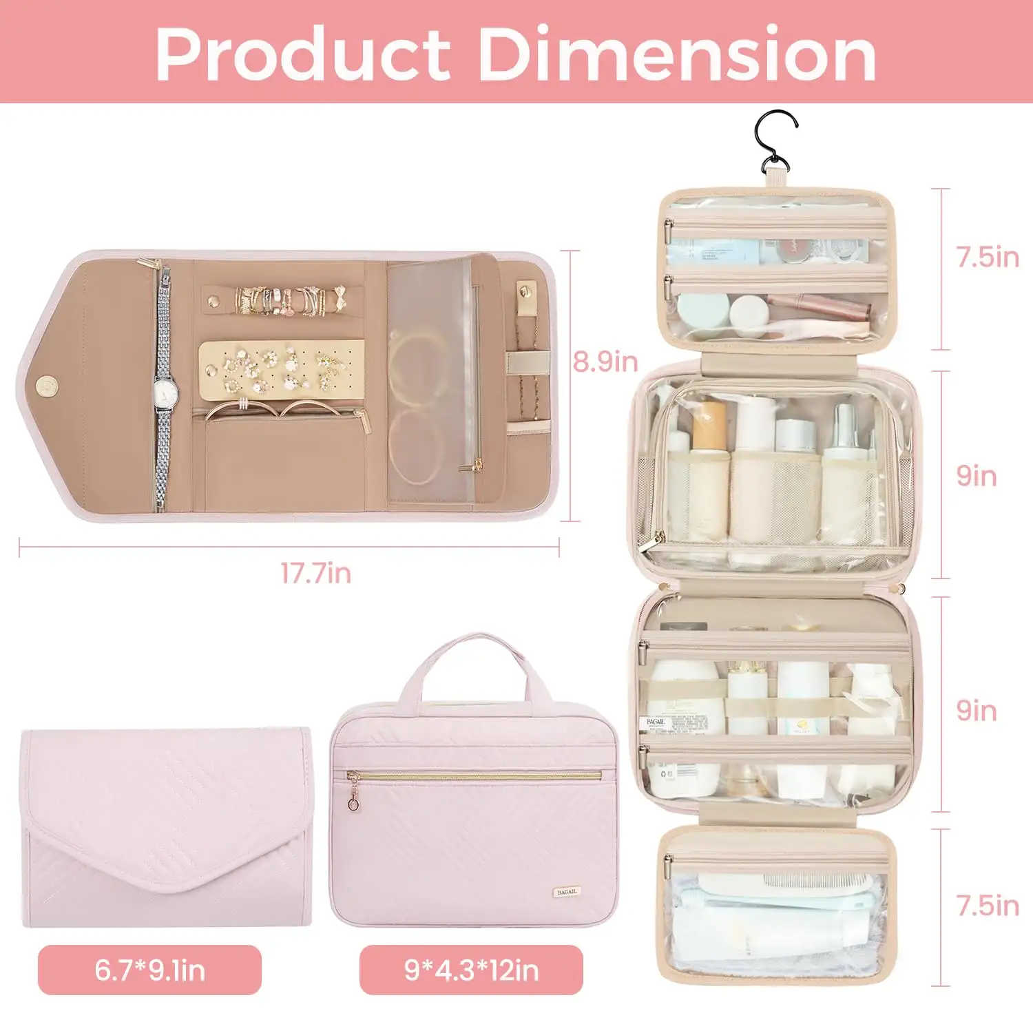 Water-resistant BAGAIL hanging toiletry bag for women, large capacity travel makeup organizer in classic black.