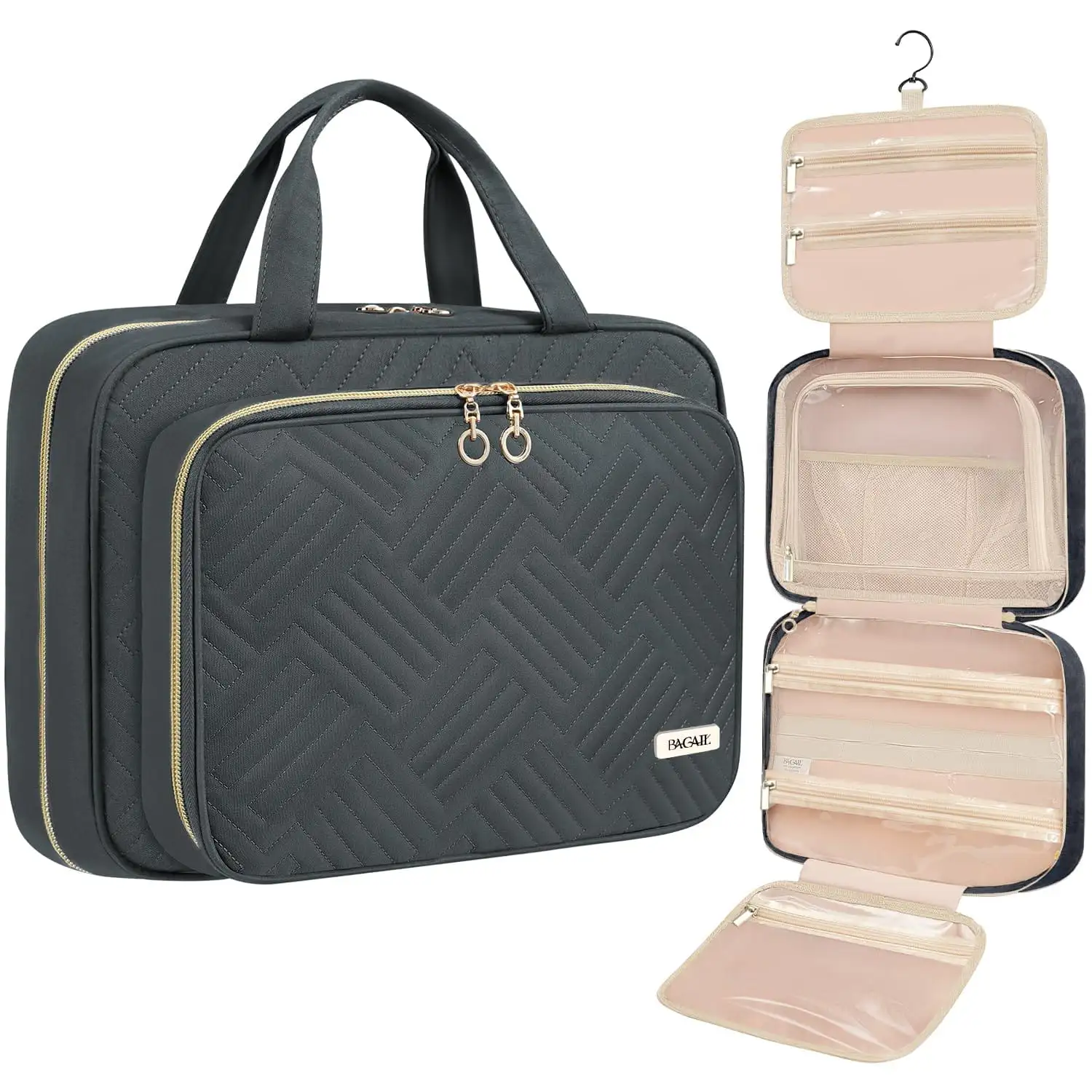 BAGAIL Black Hanging Toiletry Bag for Women, water-resistant, large capacity travel organizer for cosmetics and essentials.