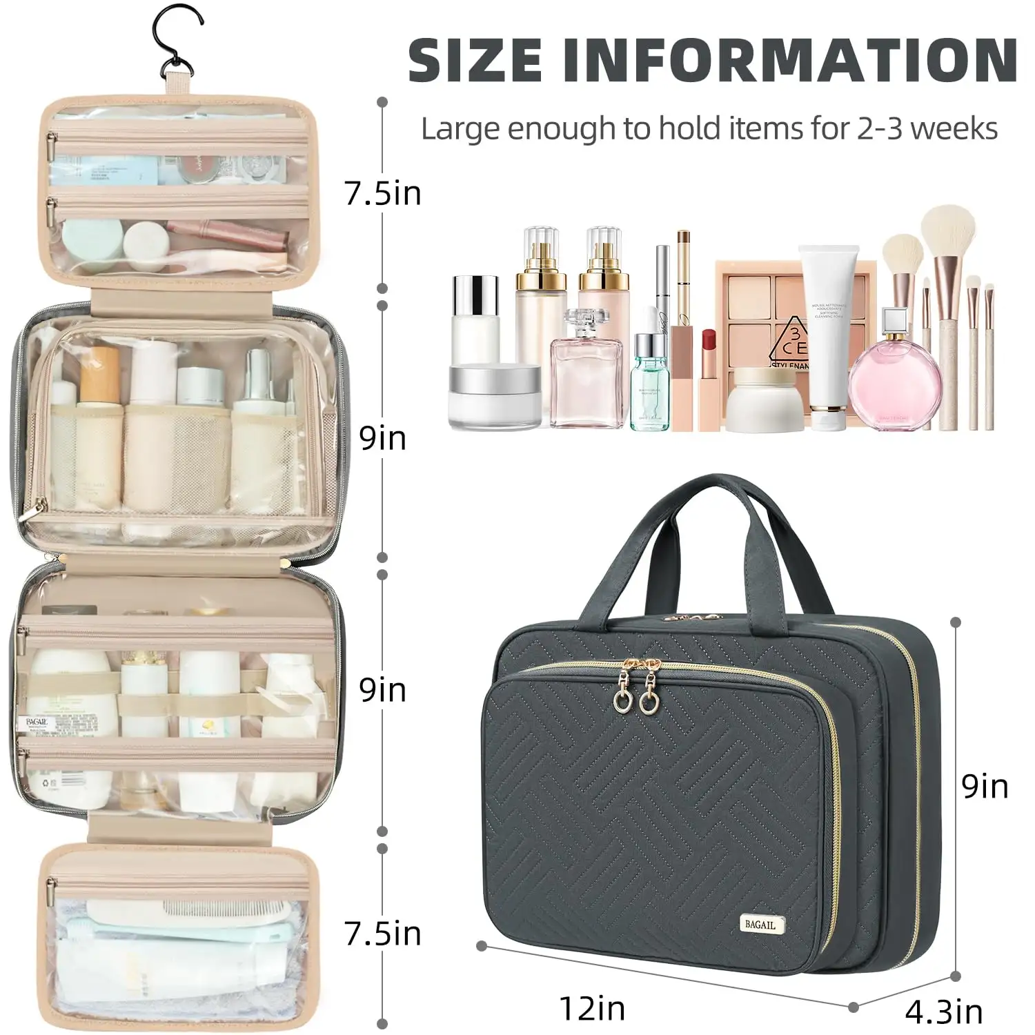 BAGAIL black hanging toiletry bag, water-resistant, large capacity for travel makeup and essentials, includes jewelry pouch.