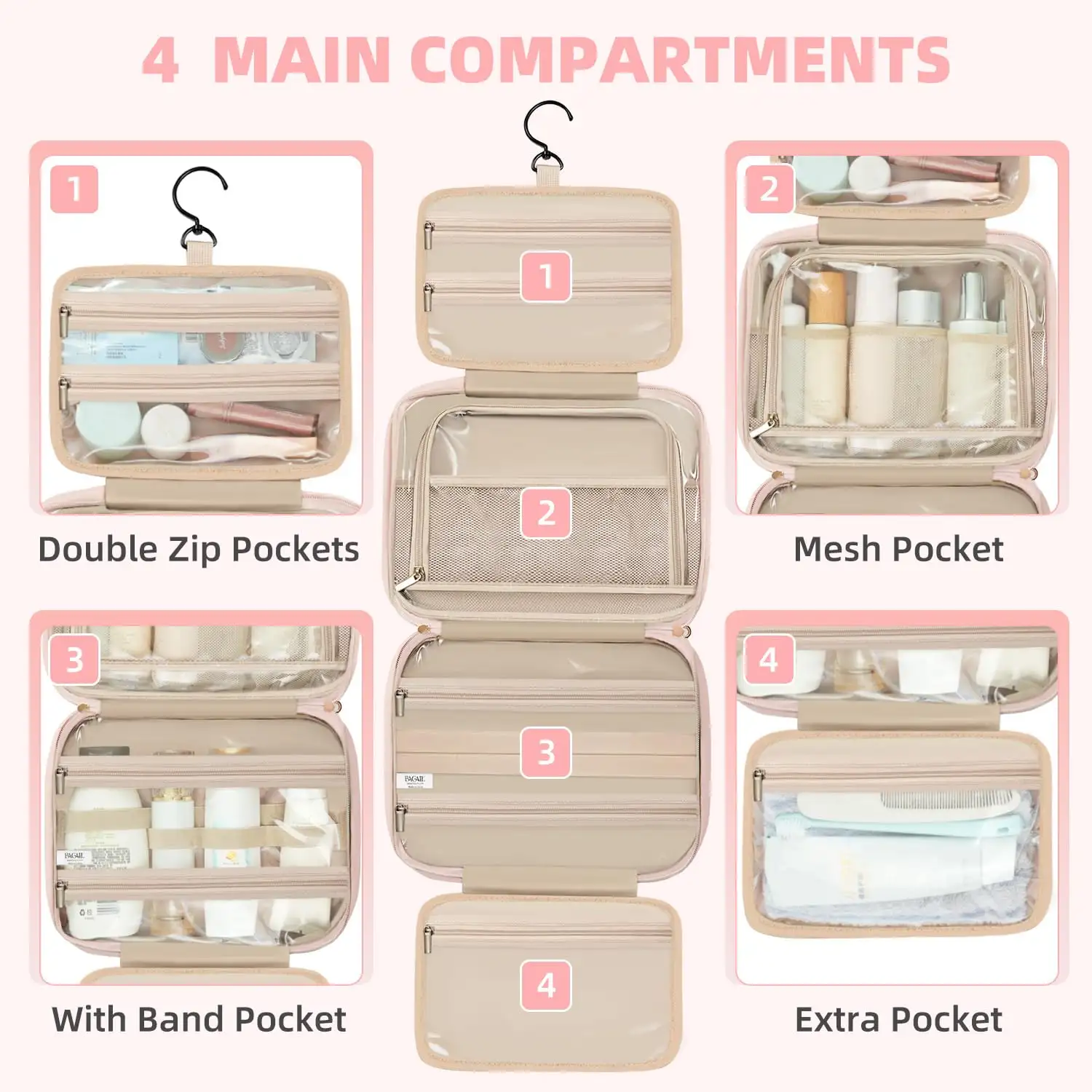 BAGAIL water-resistant hanging toiletry bag for women, large capacity travel makeup organizer in classic black.