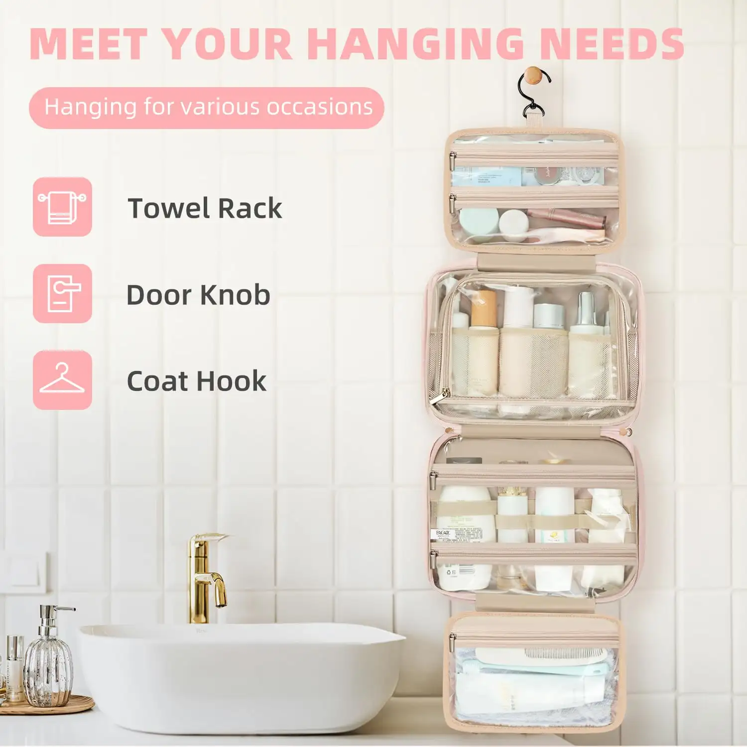 Water-resistant BAGAIL hanging toiletry bag, large capacity, black makeup organizer for travel essentials and jewelry.