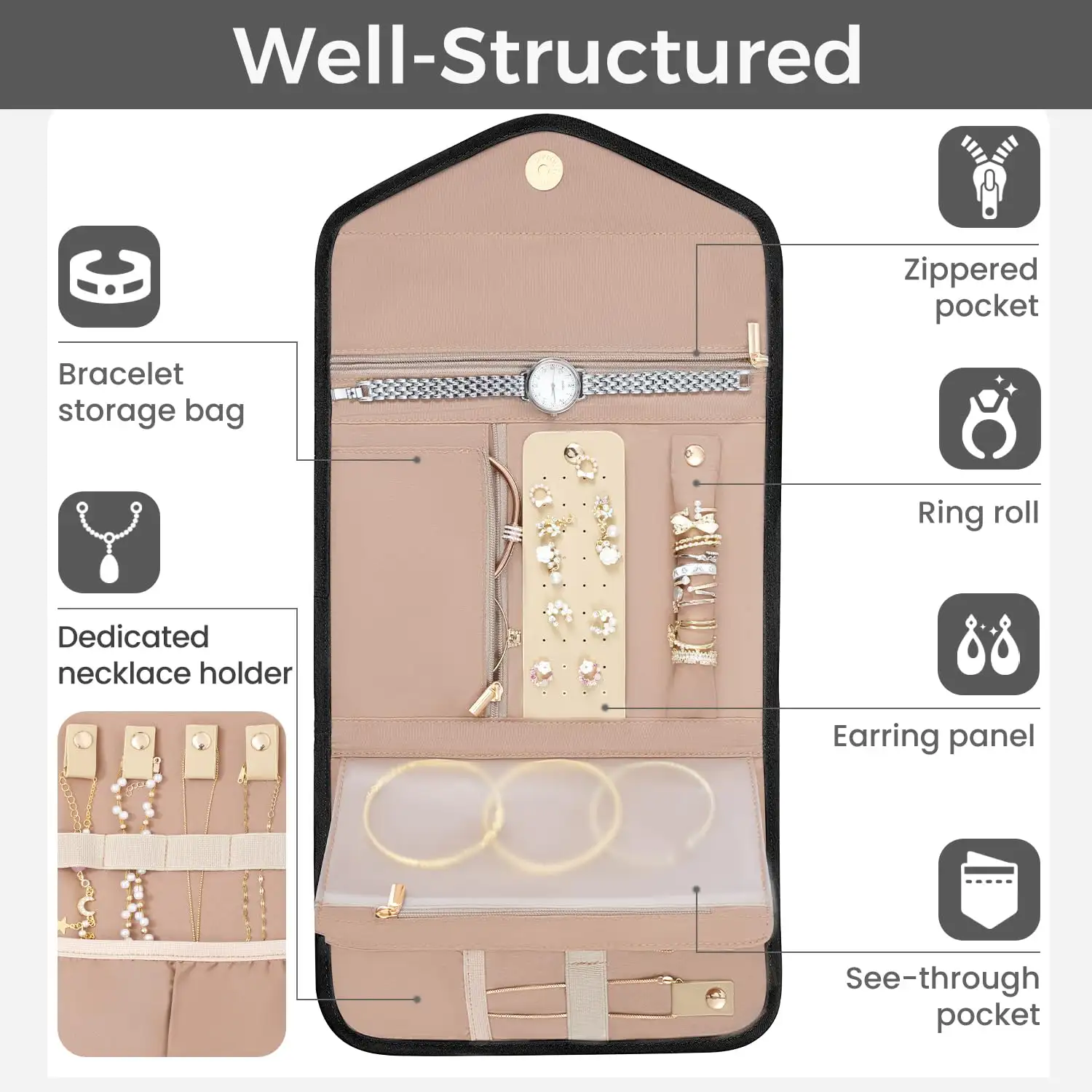 BAGAIL water-resistant hanging toiletry bag for women, large capacity travel makeup organizer in classic black.