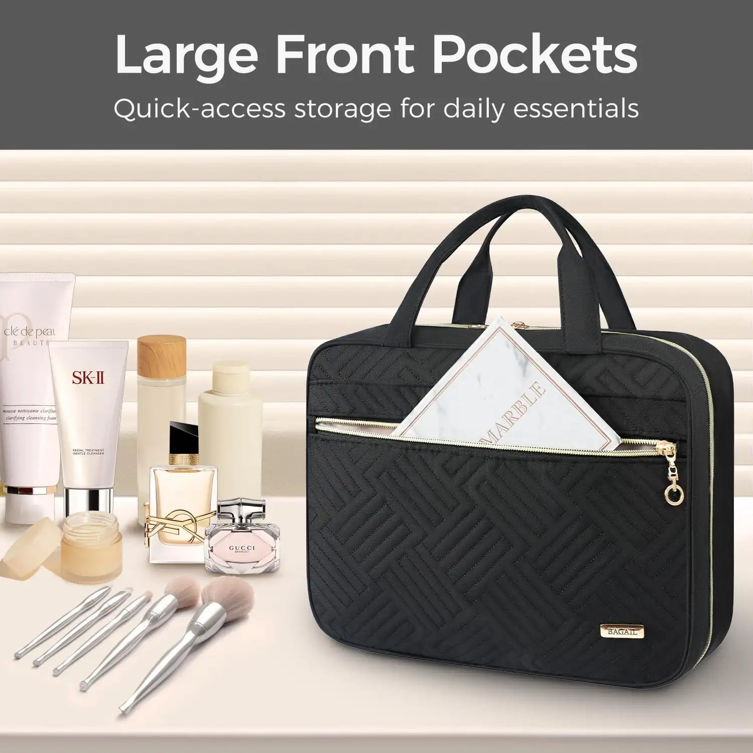 Water-resistant BAGAIL hanging toiletry bag, large capacity for travel essentials, black, includes classic and jewelry com...