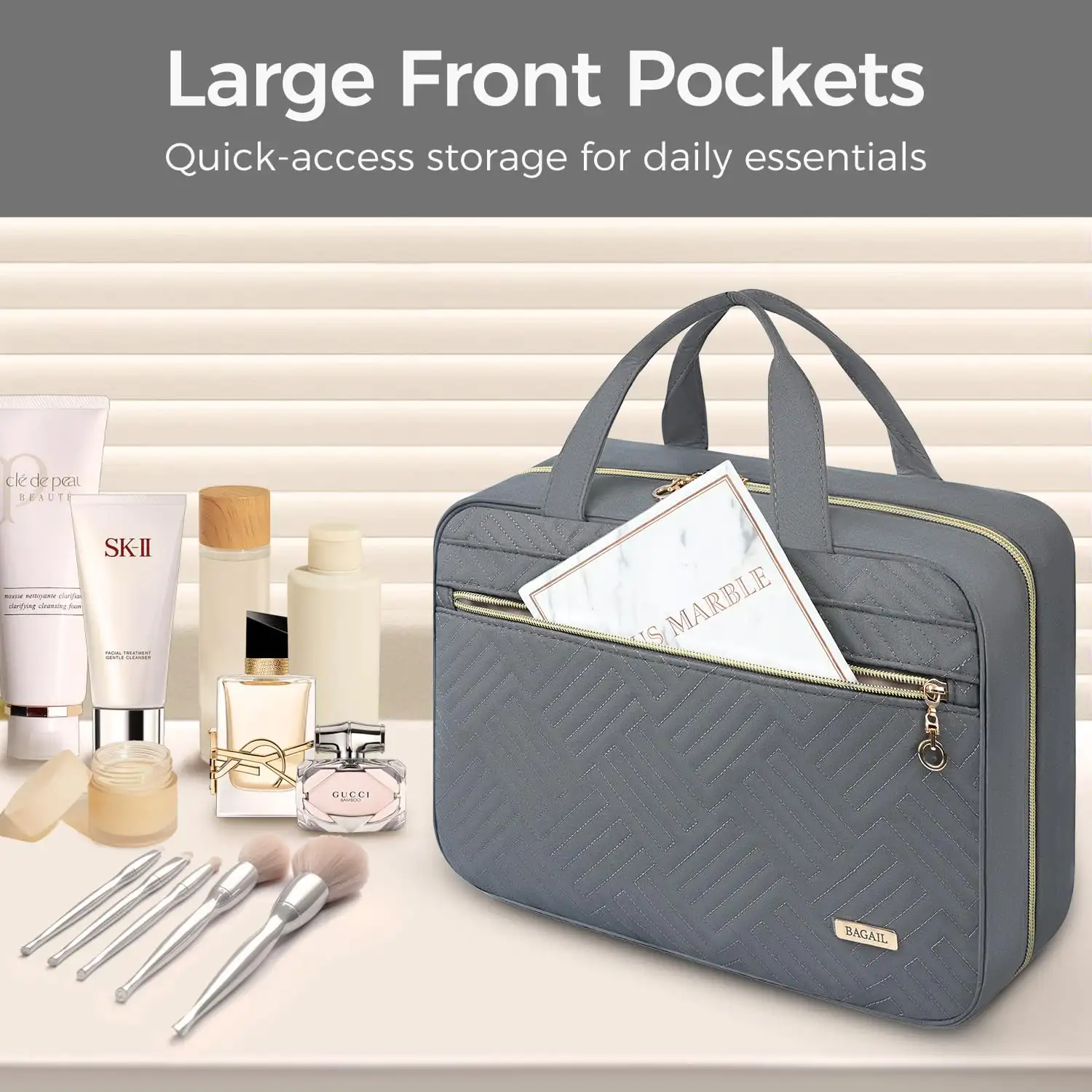 Water-resistant BAGAIL hanging toiletry bag for women, large capacity travel makeup organizer in classic black.