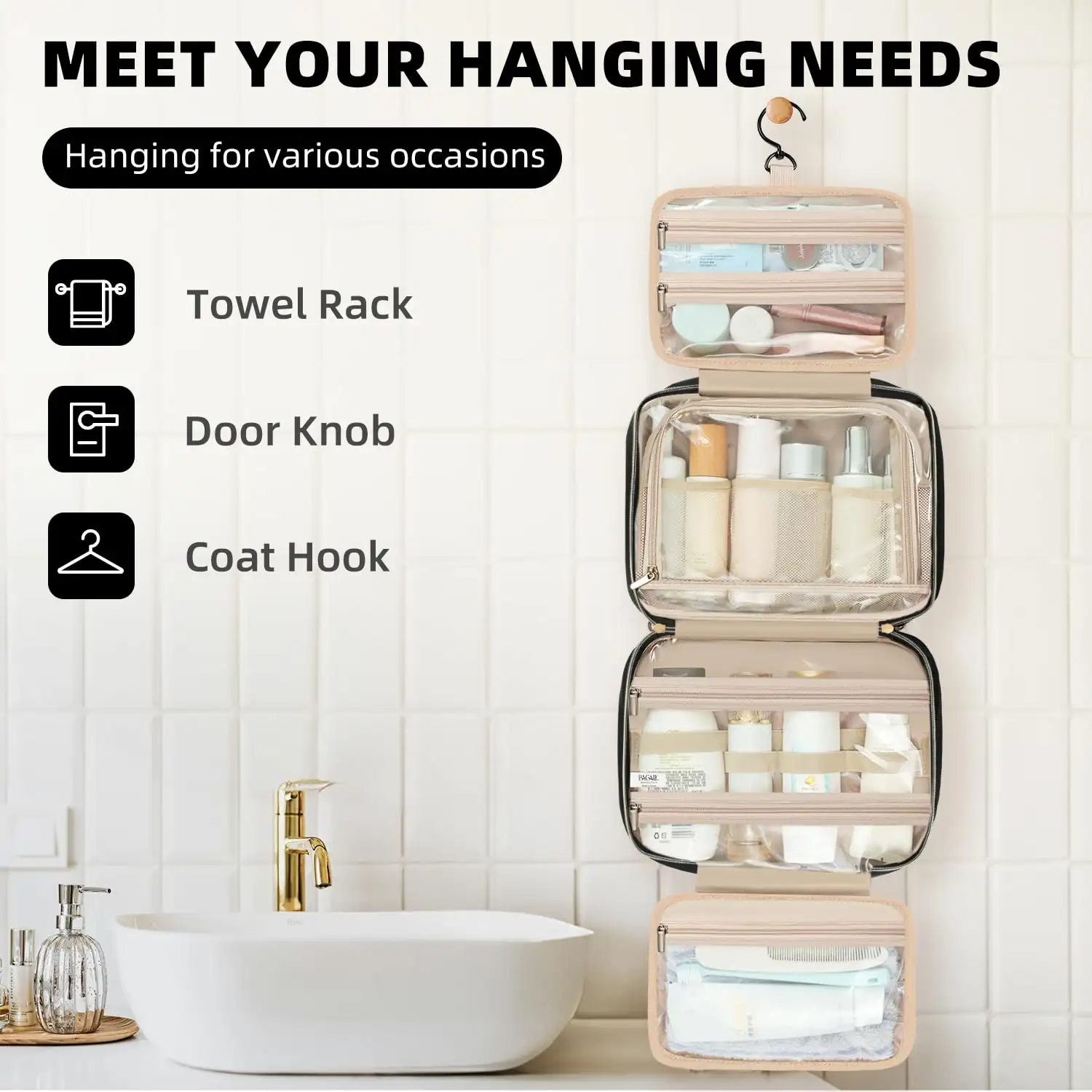 BAGAIL water-resistant hanging toiletry bag for women, large capacity travel makeup organizer in black. Perfect for essent...