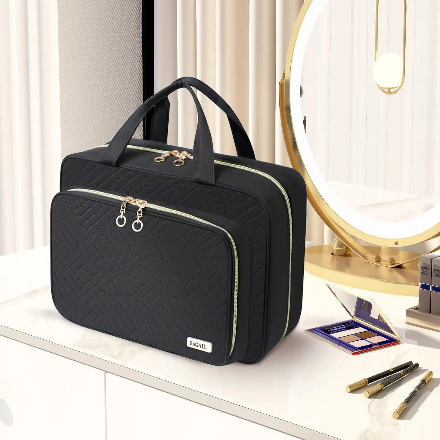 Water-resistant BAGAIL hanging toiletry bag for women, large capacity travel makeup organizer in classic black.