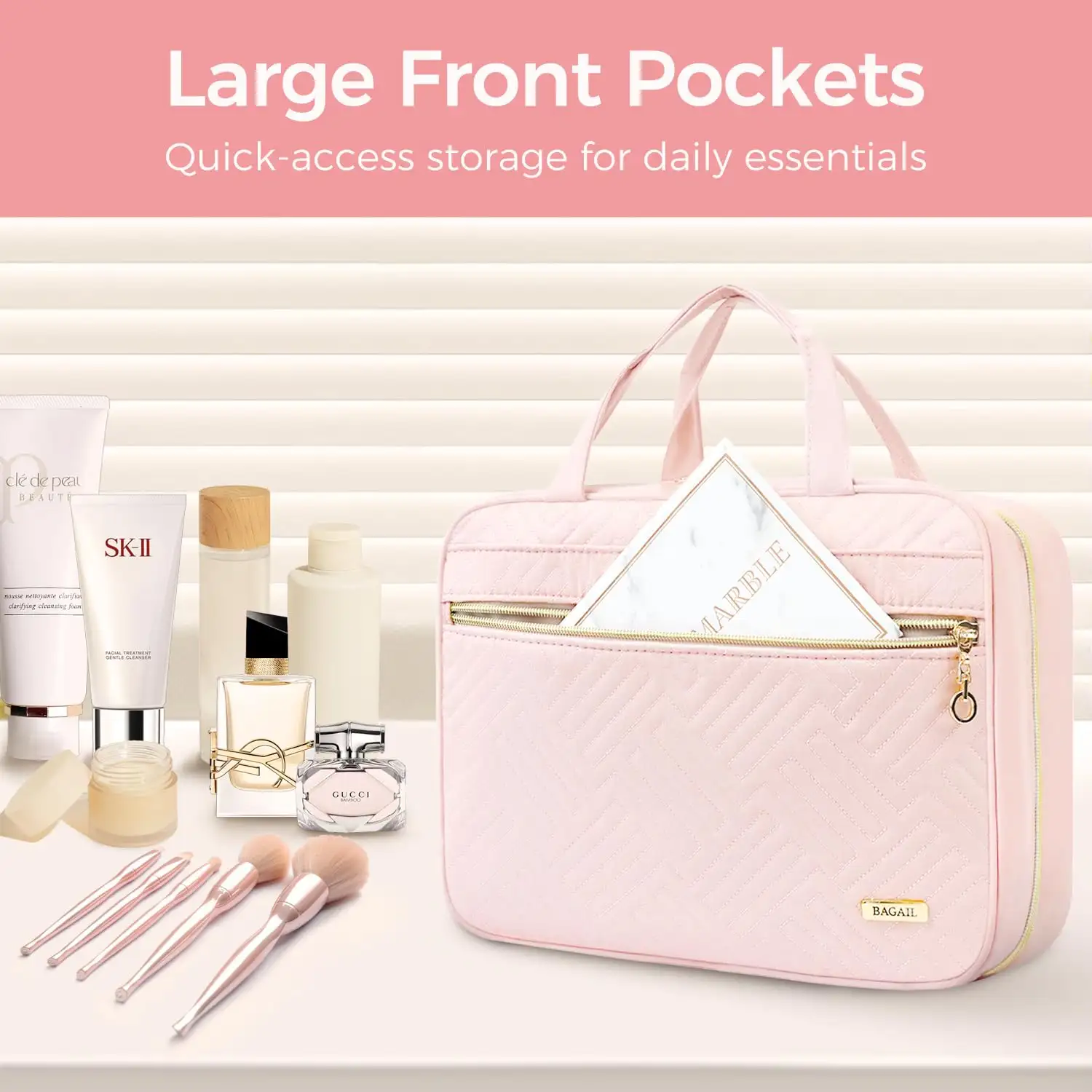 Water-resistant BAGAIL hanging toiletry bag in black, large capacity for travel makeup and cosmetics, includes jewelry bag.