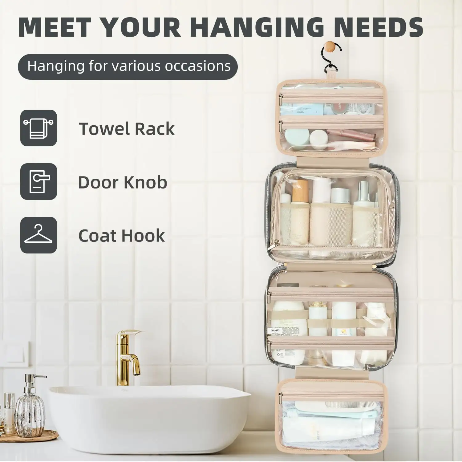 BAGAIL water-resistant hanging toiletry bag for women, large capacity travel makeup organizer in black.