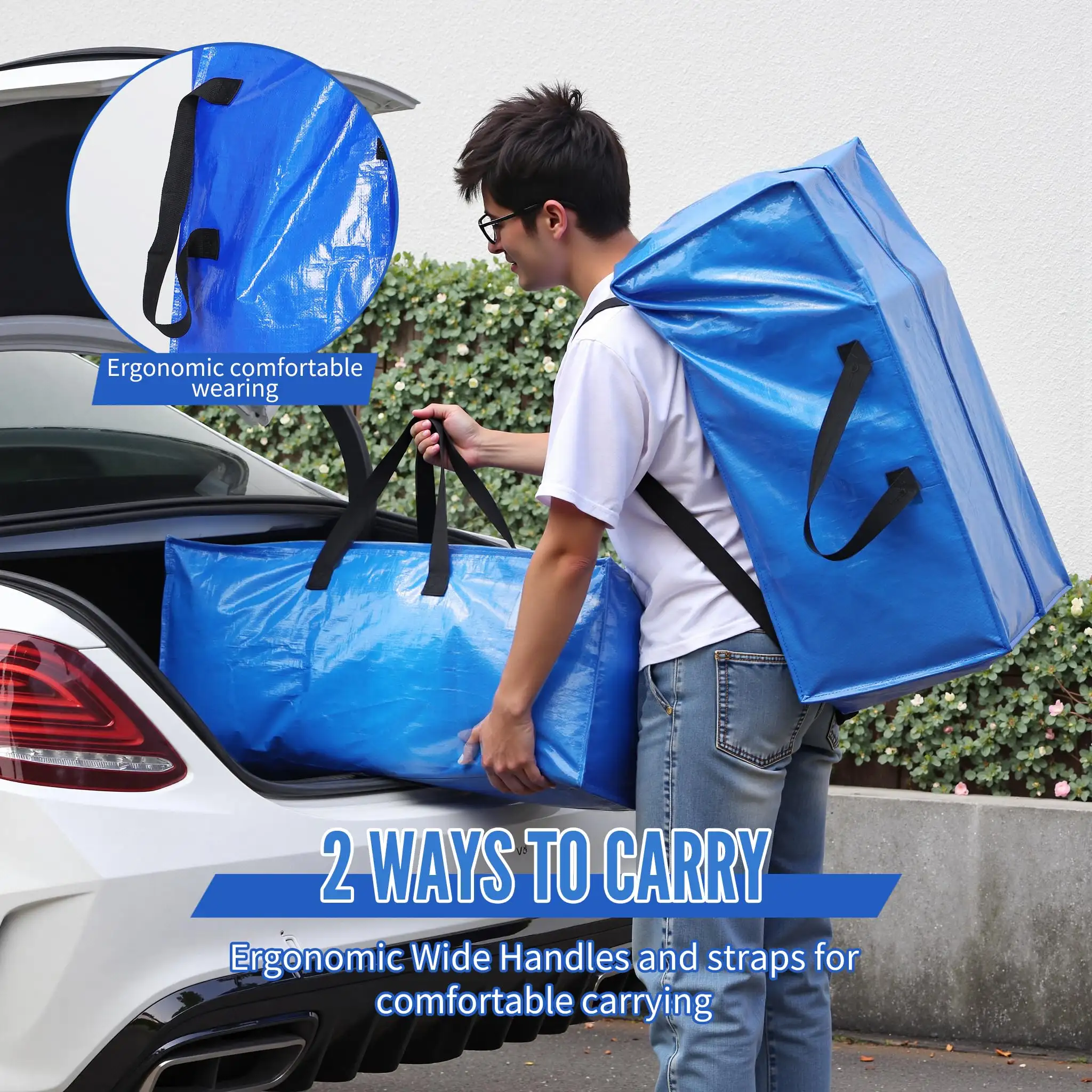 Extra large heavy duty moving bags with strong handles, perfect for clothes and college supplies, 2 pack in black.