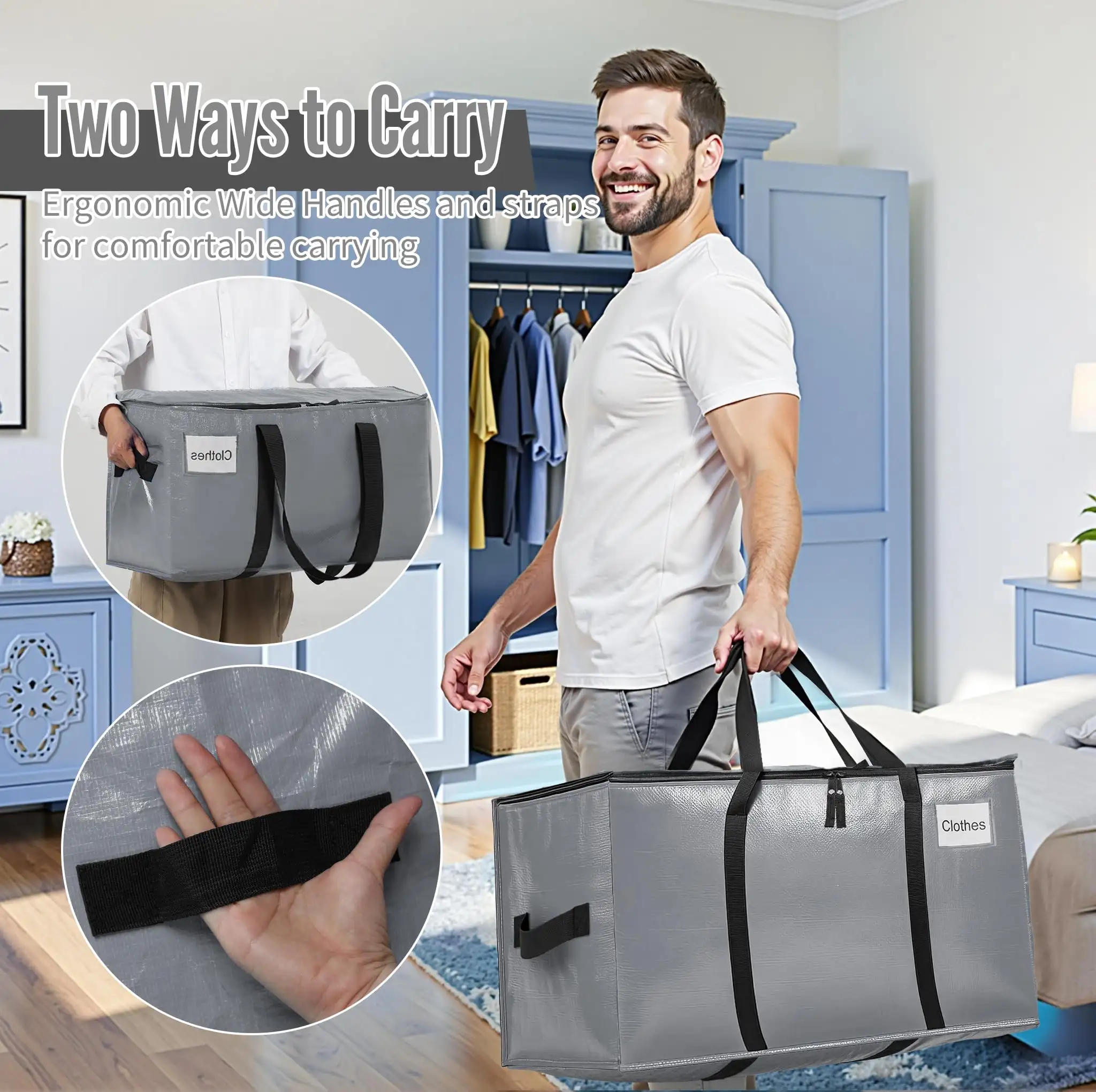 Extra large heavy-duty moving bags with strong handles, perfect for clothes and college supplies, 2-pack in black.