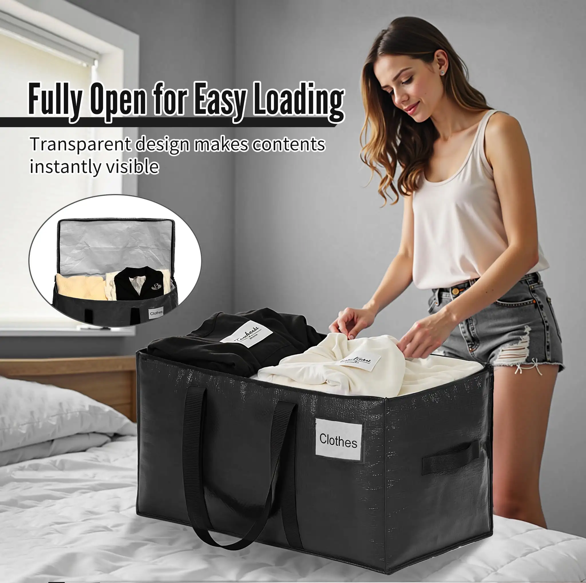 Extra large heavy-duty moving bags with strong handles, perfect for clothes and college supplies, black, 2-pack.