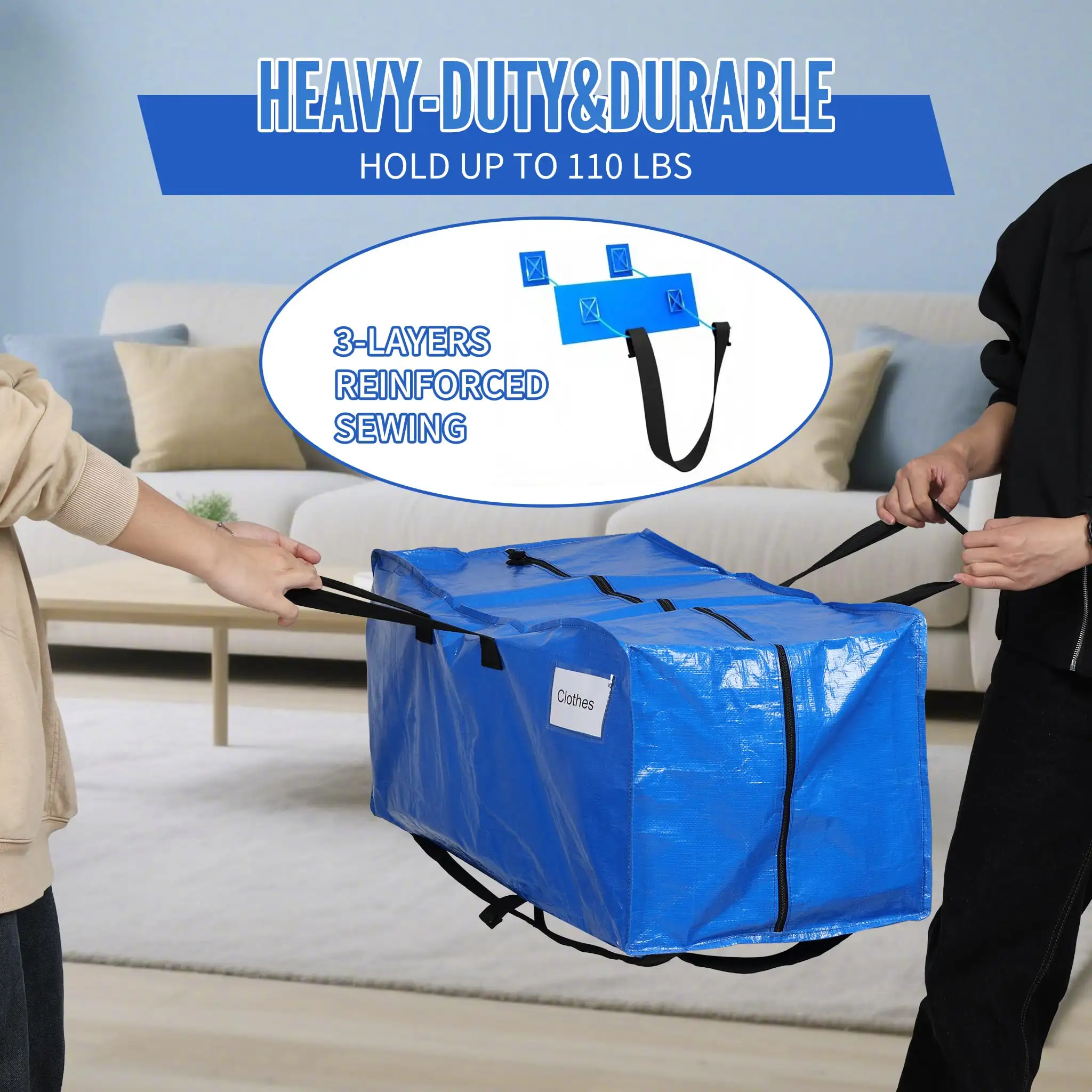 Heavy-duty extra large moving bags with strong handles, ideal for clothes and college storage, 2-pack in black.