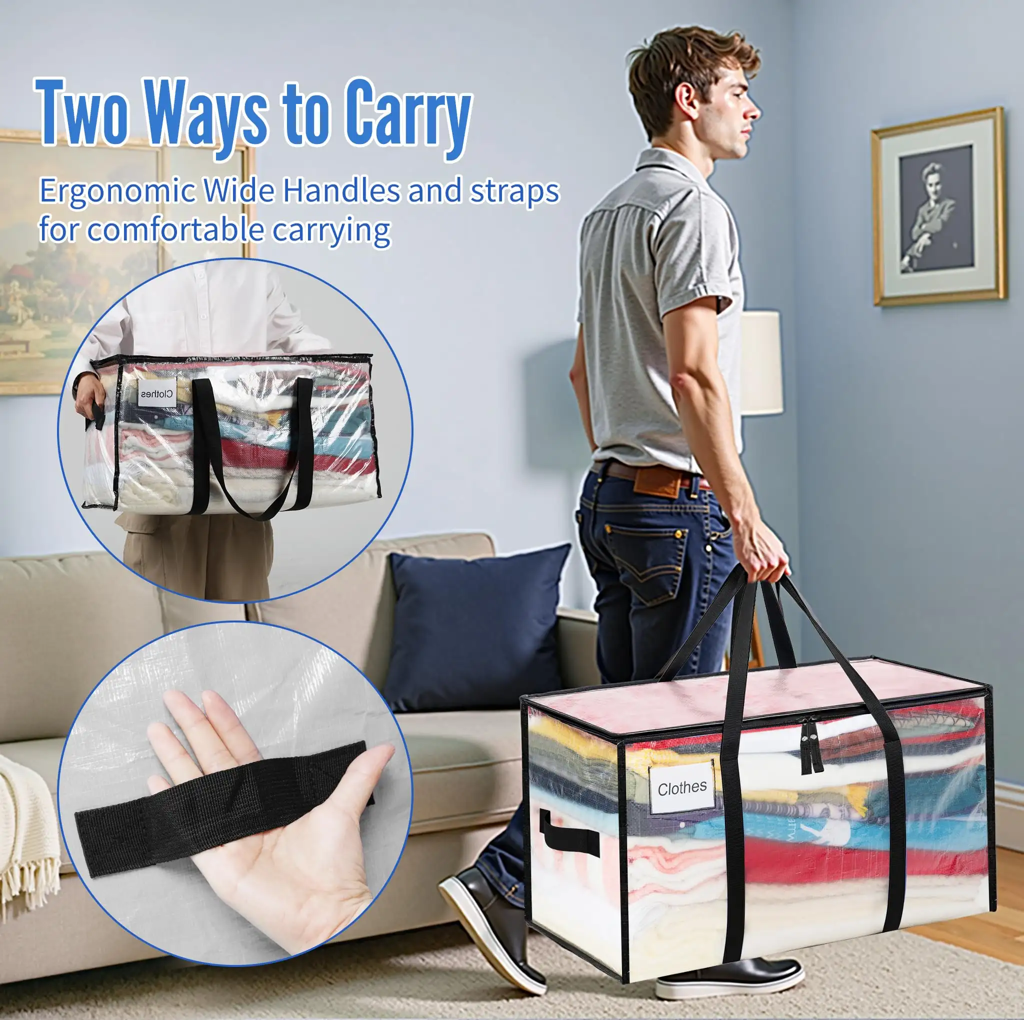 Heavy duty moving bags with strong handles, extra large storage totes for clothes, ideal for college moving supplies, 2 pack.