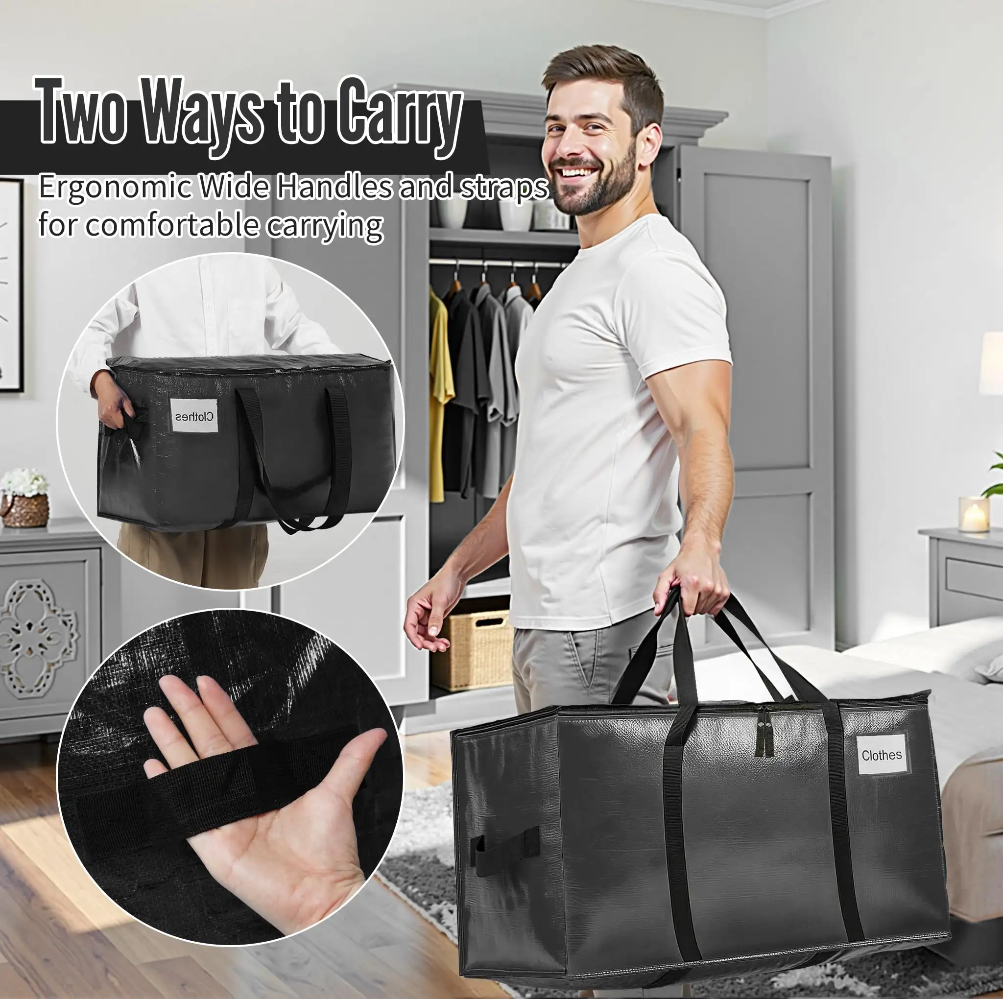 Heavy duty extra large moving bags with strong handles, ideal for clothes and college supplies, 2-pack (black).