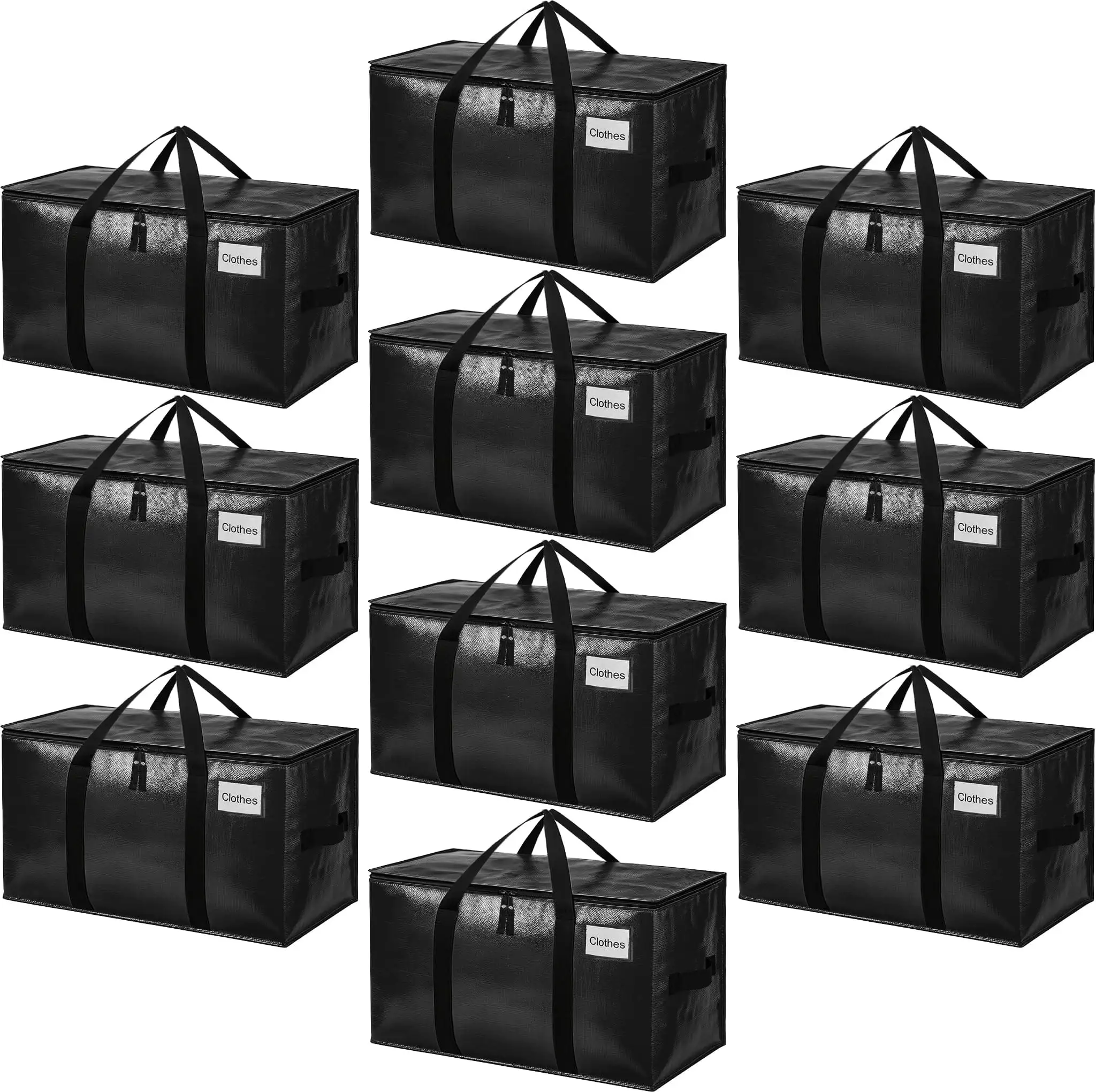 Heavy duty black moving bags with strong handles, extra large storage totes for clothes, perfect for college moves.