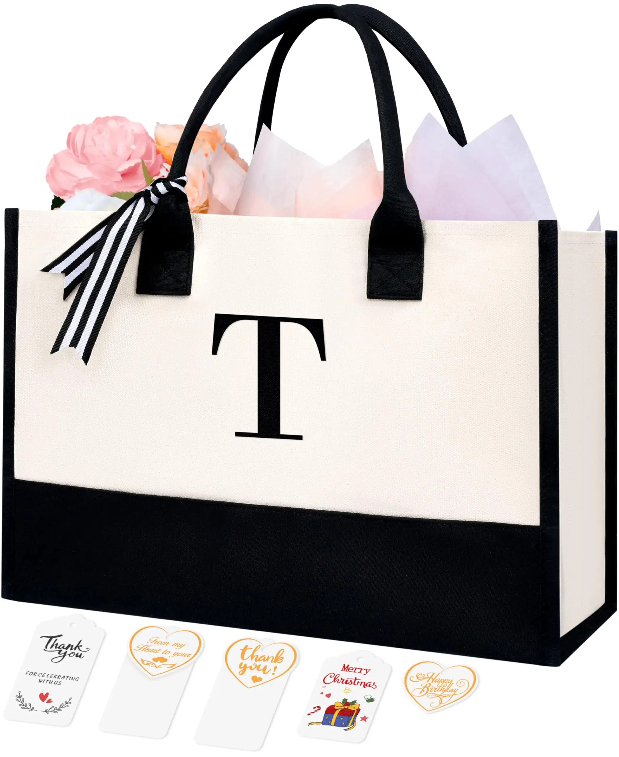 Personalized Initial Tote Bag in Ivory, perfect birthday gift for women, teachers, and moms; stylish monogrammed beach bag.