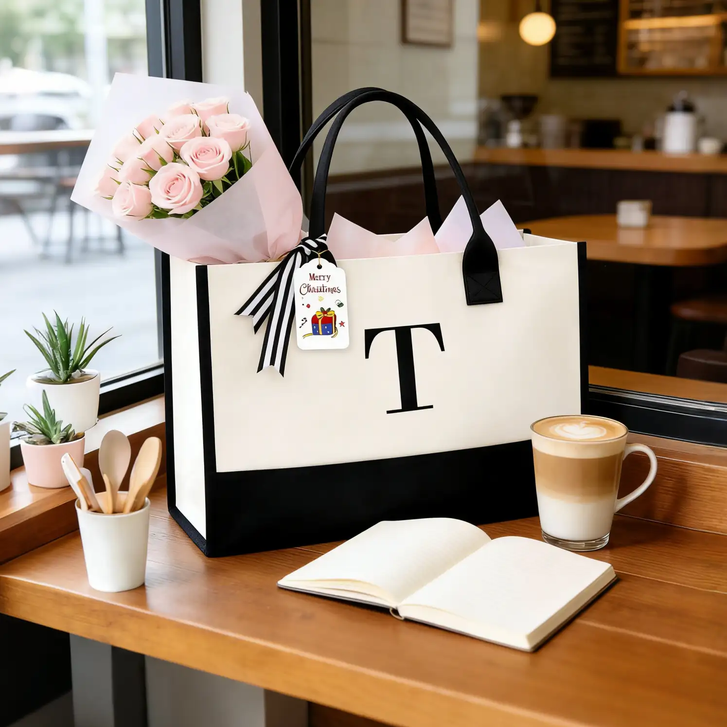Personalized Initial Tote Bag in Ivory, perfect birthday gift for women, teachers, and moms; monogrammed beach bag.