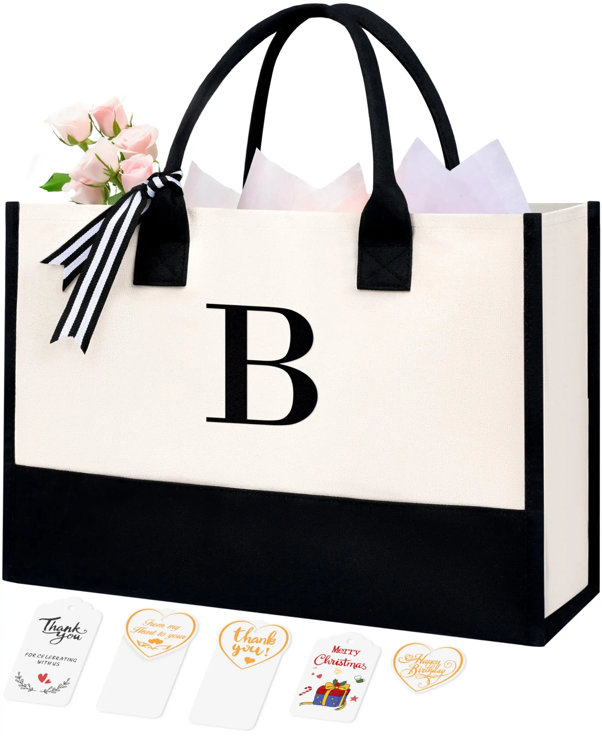 Personalized ivory Initial Tote Bag for women, perfect birthday gift for friends, teachers, moms, or weddings. Monogrammed...