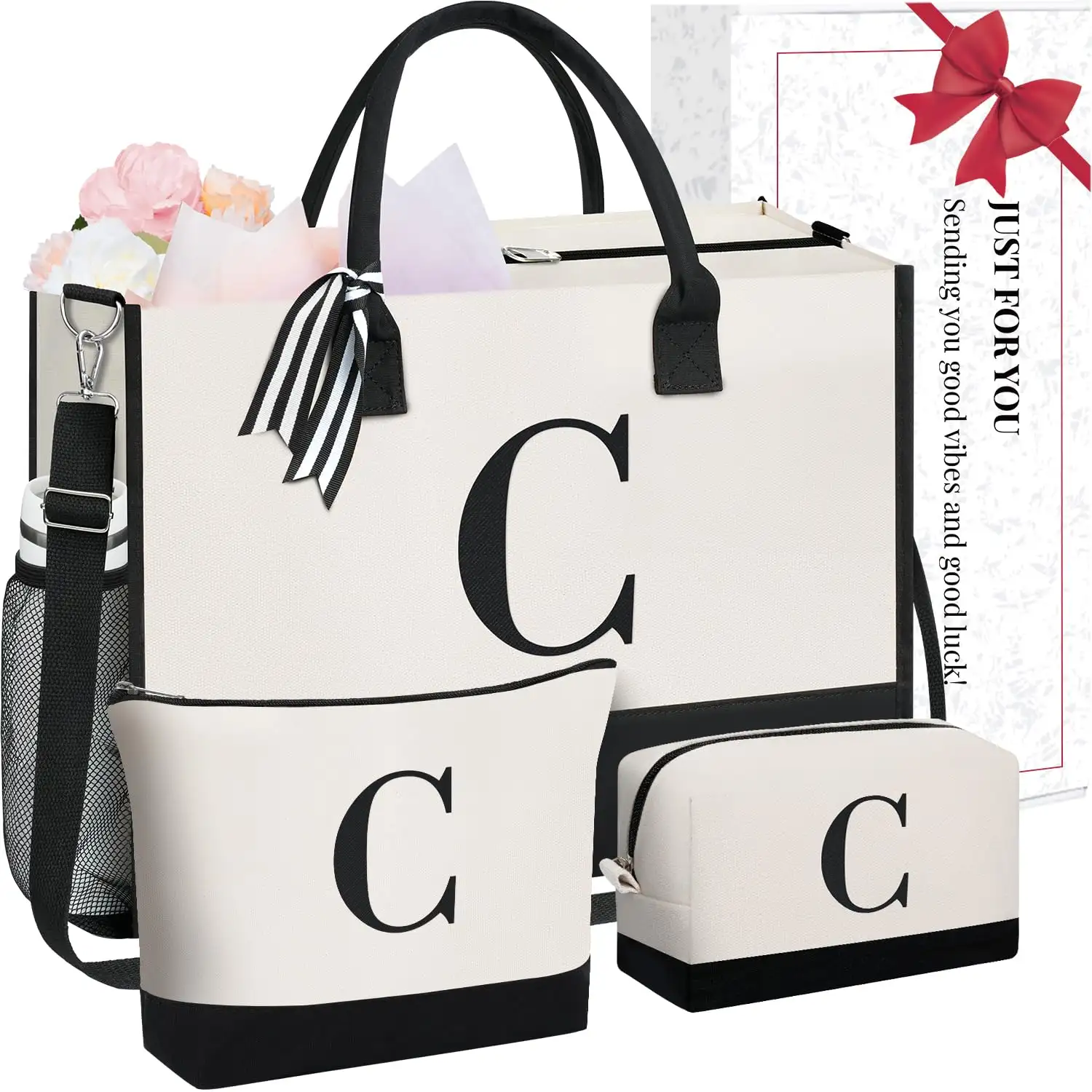 Personalized ivory initial tote bag, perfect gift for women, moms, teachers, or weddings; includes 2 cosmetic bags.