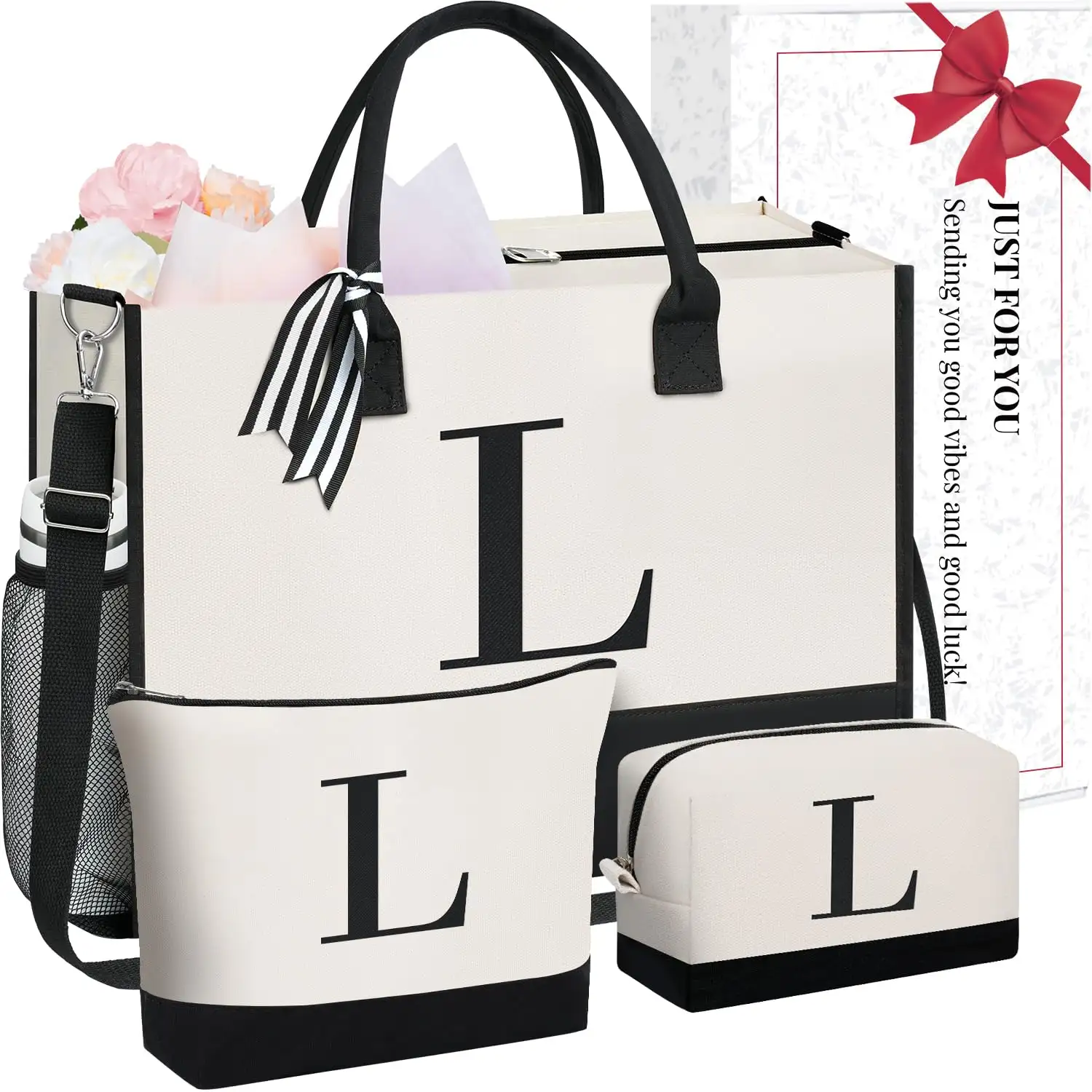 Personalized ivory initial tote bag perfect for birthdays, teachers, moms, and weddings. Stylish monogrammed beach bag.