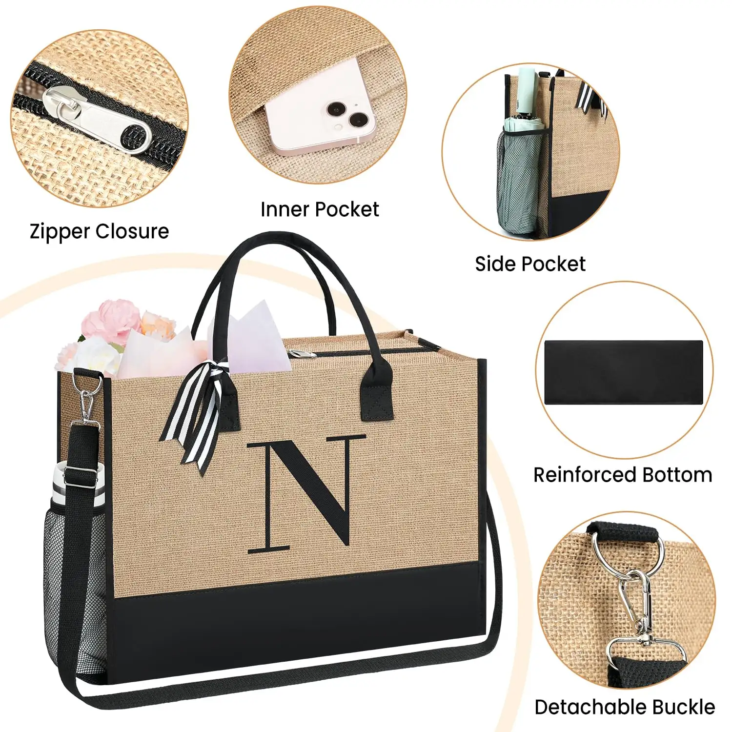 Personalized initial tote bag in ivory, perfect birthday gift for women, teachers, moms, or weddings. Monogrammed style.