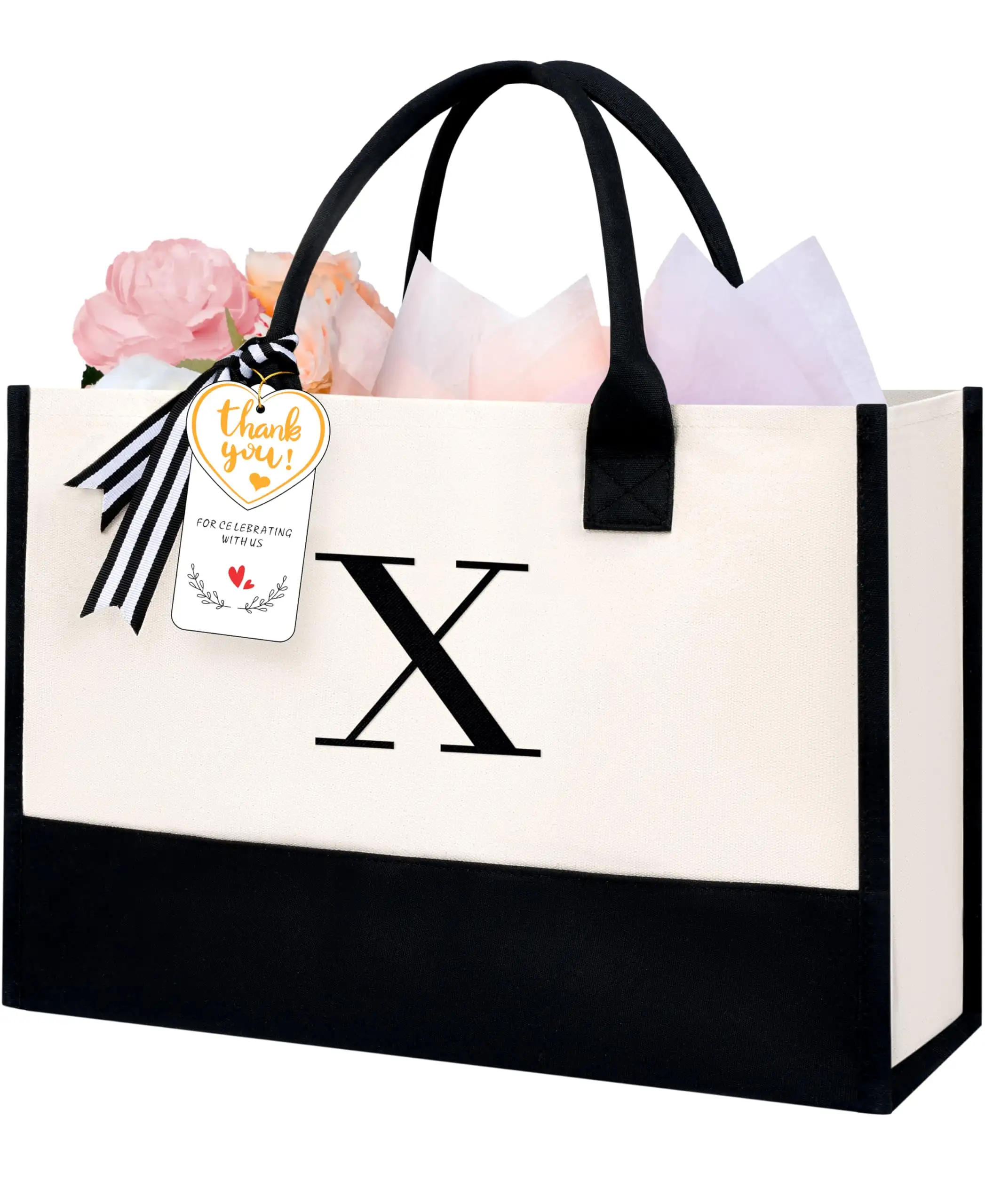 Personalized ivory initial tote bag, perfect birthday gift for women, teachers, or moms; stylish monogrammed beach bag.