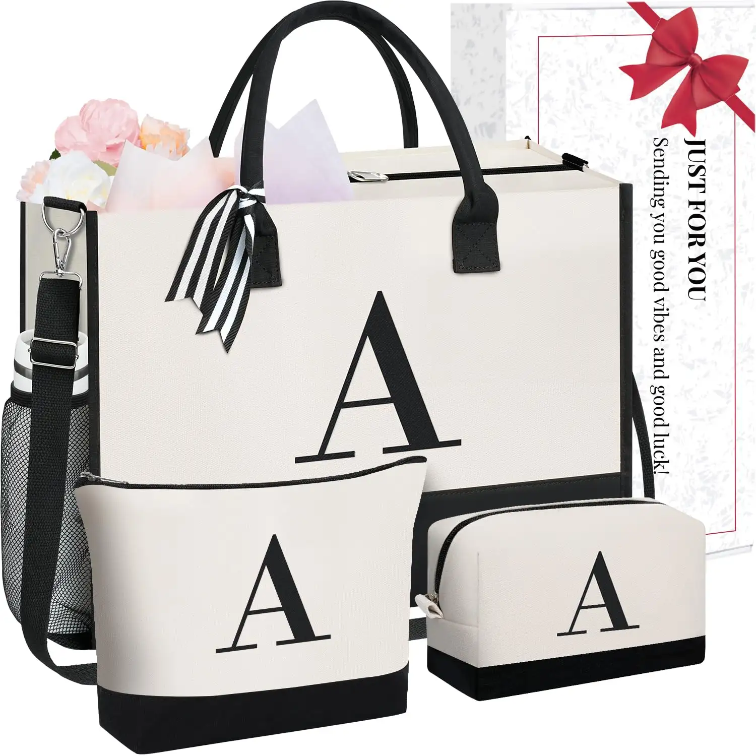 Personalized ivory Initial Tote Bag, perfect birthday gift for women, teachers, and moms; includes 2 cosmetic bags.